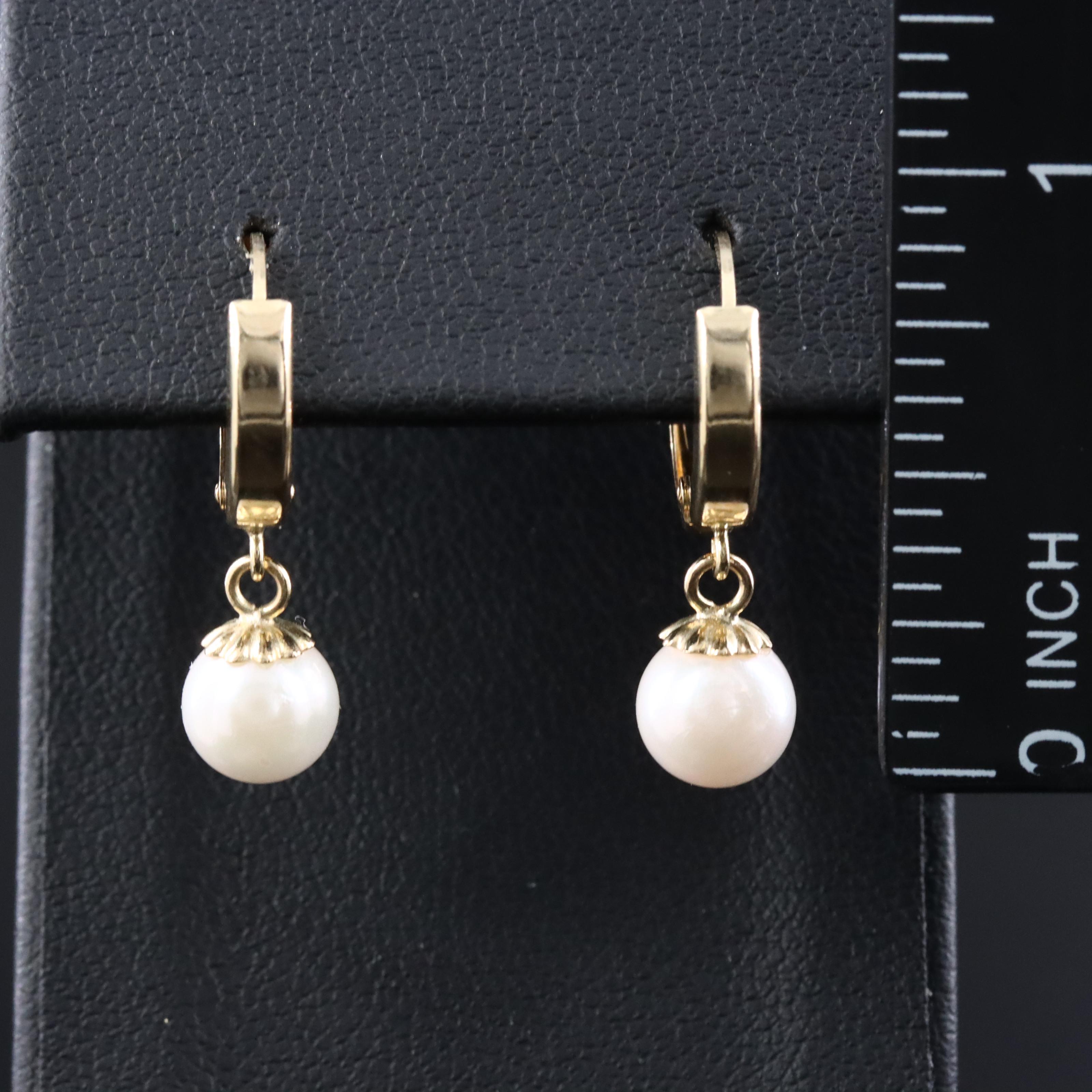14K Pearl Drop Hoop Earrings