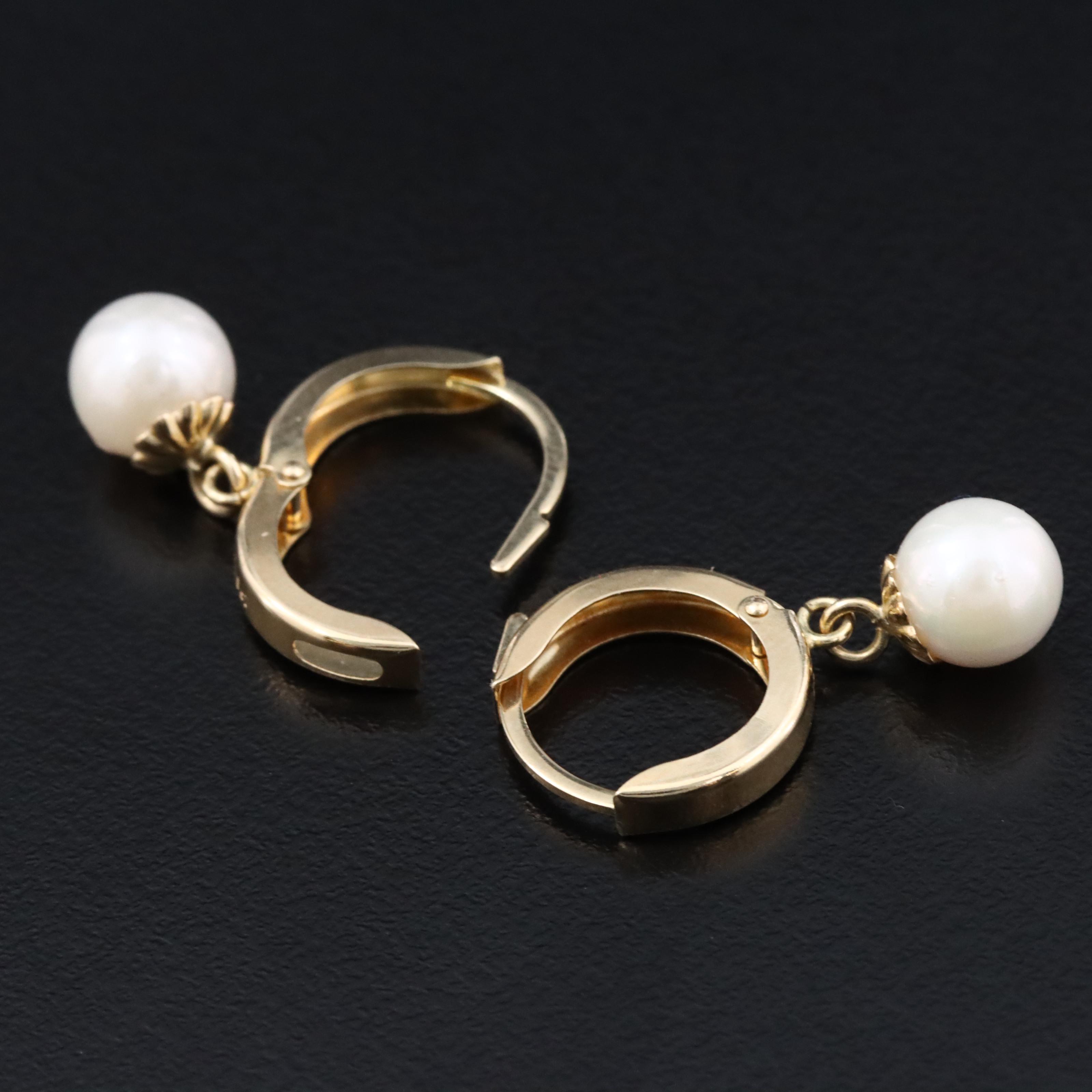 14K Pearl Drop Hoop Earrings