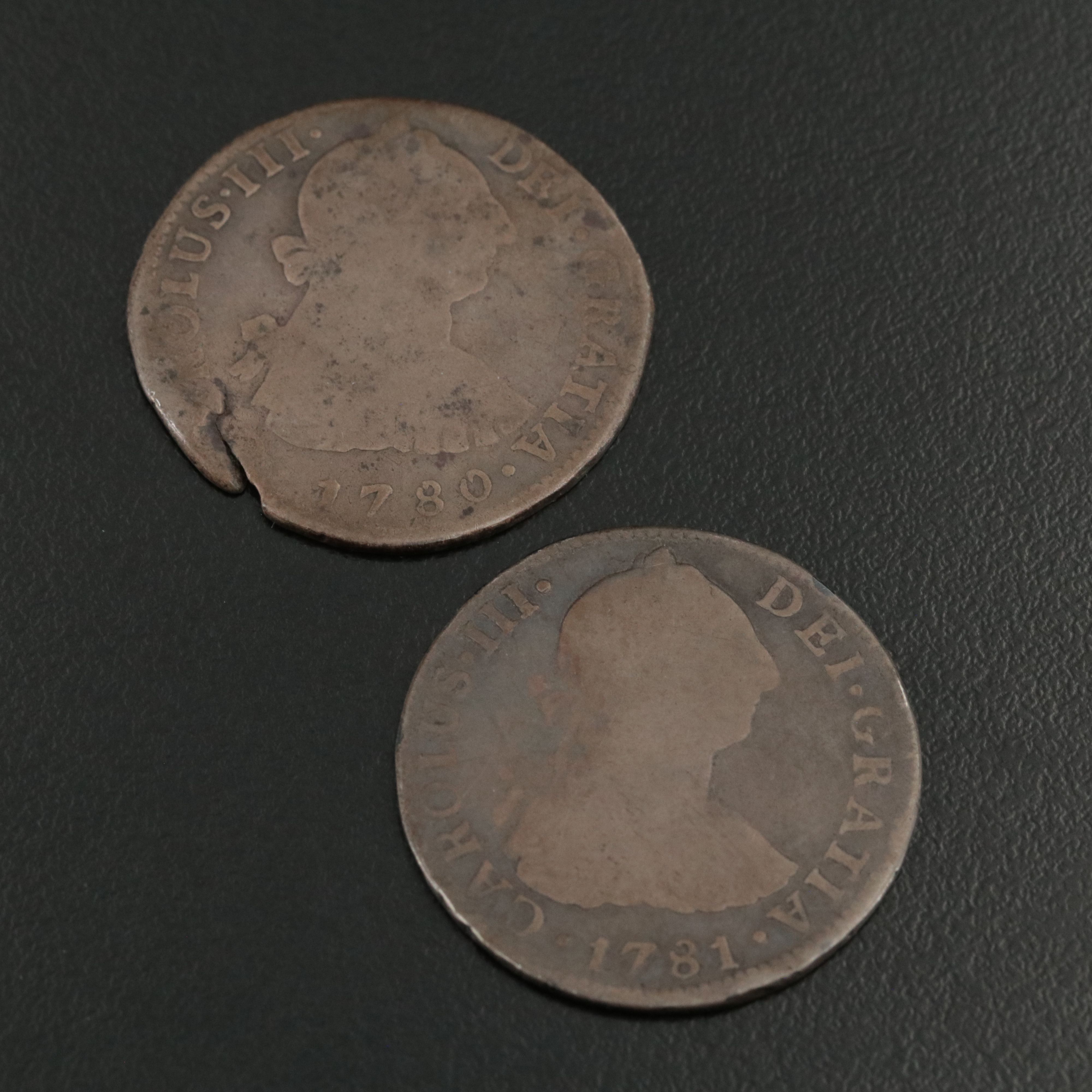 Two Spanish Colonial Silver 2 Reales Coins