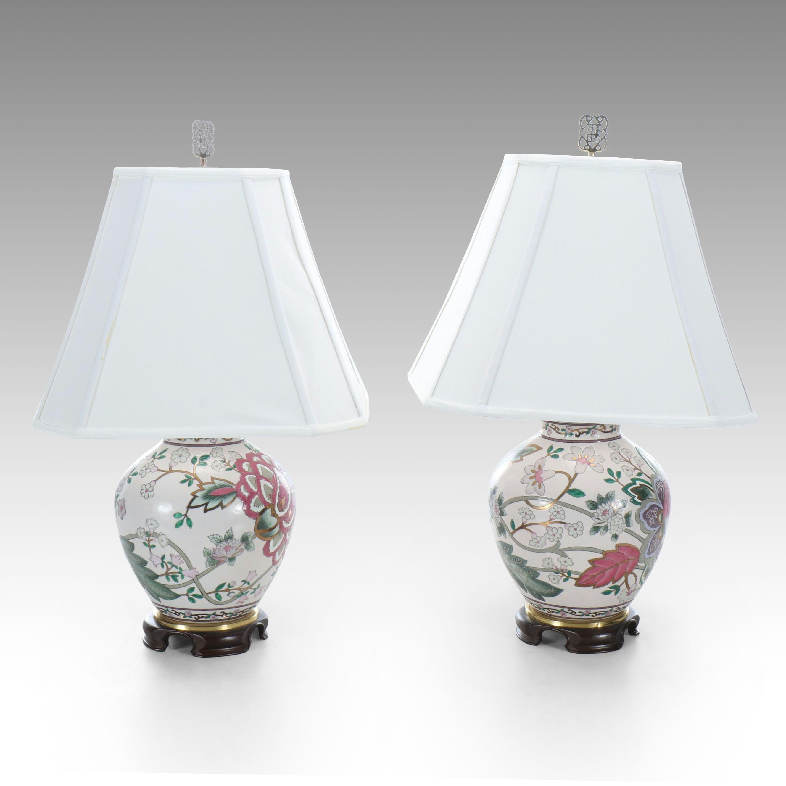 Pair of Chinese Hand-Painted Table Lamps with Silk Shades