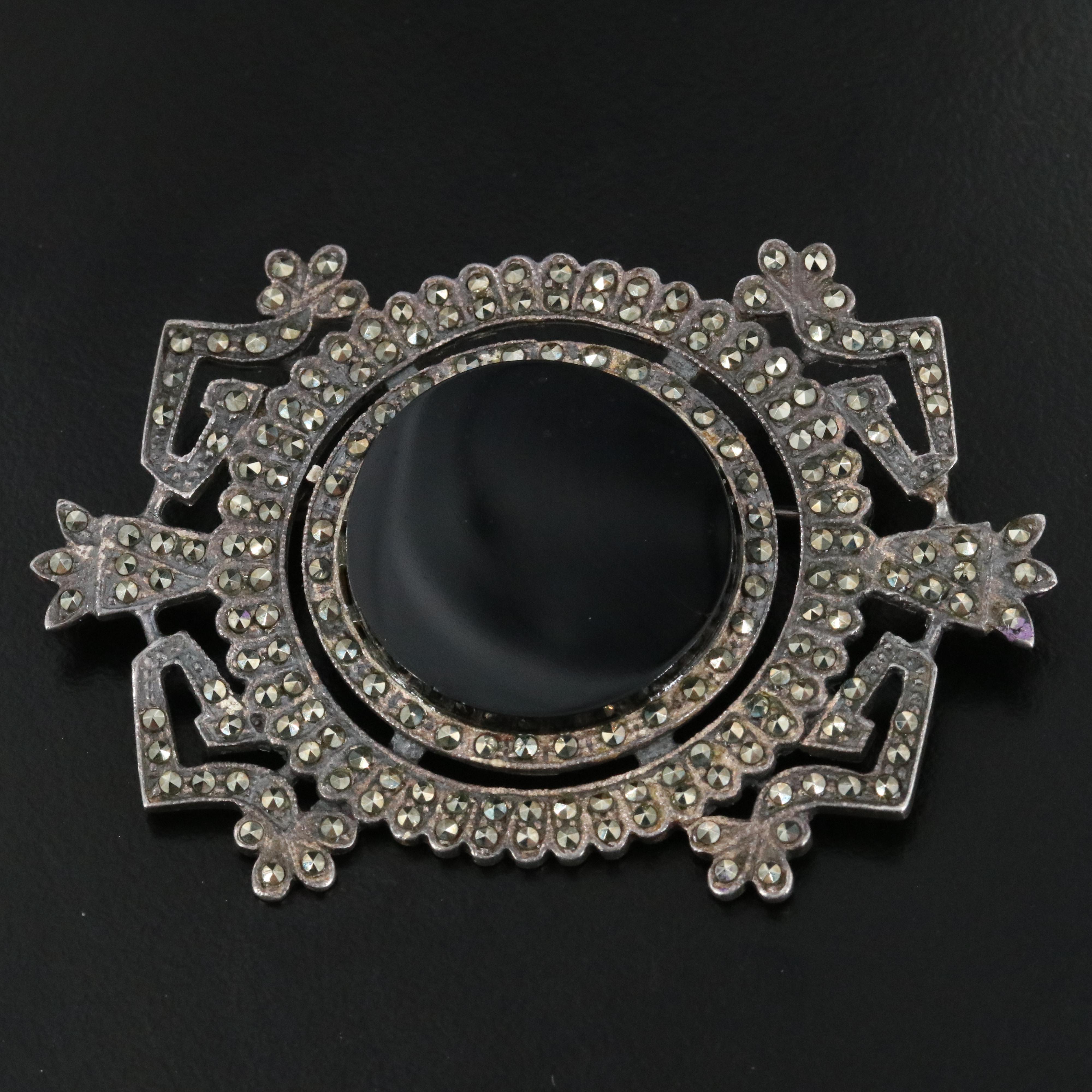 Art Deco Style Sterling Onyx and Marcasite Brooch