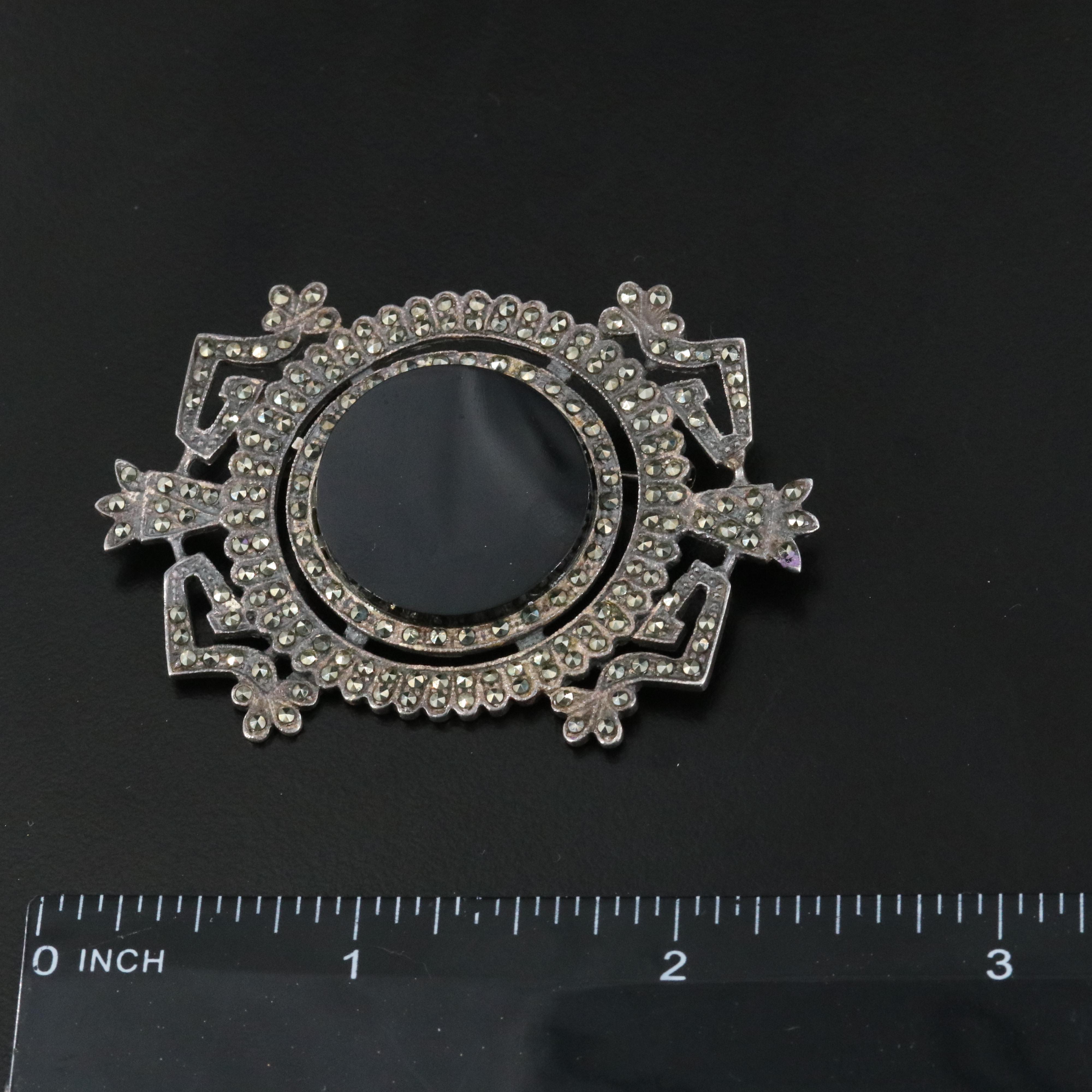 Art Deco Style Sterling Onyx and Marcasite Brooch