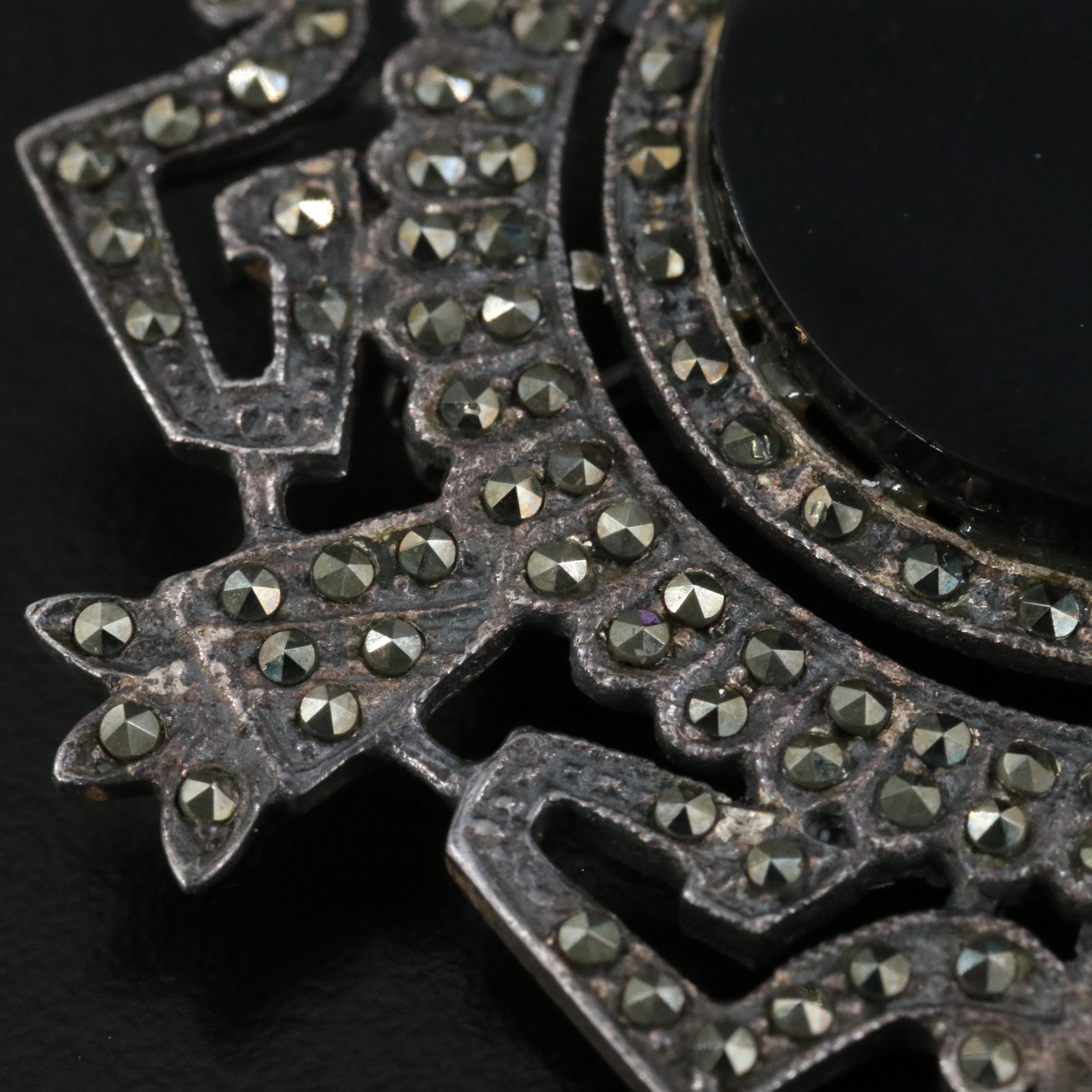 Art Deco Style Sterling Onyx and Marcasite Brooch