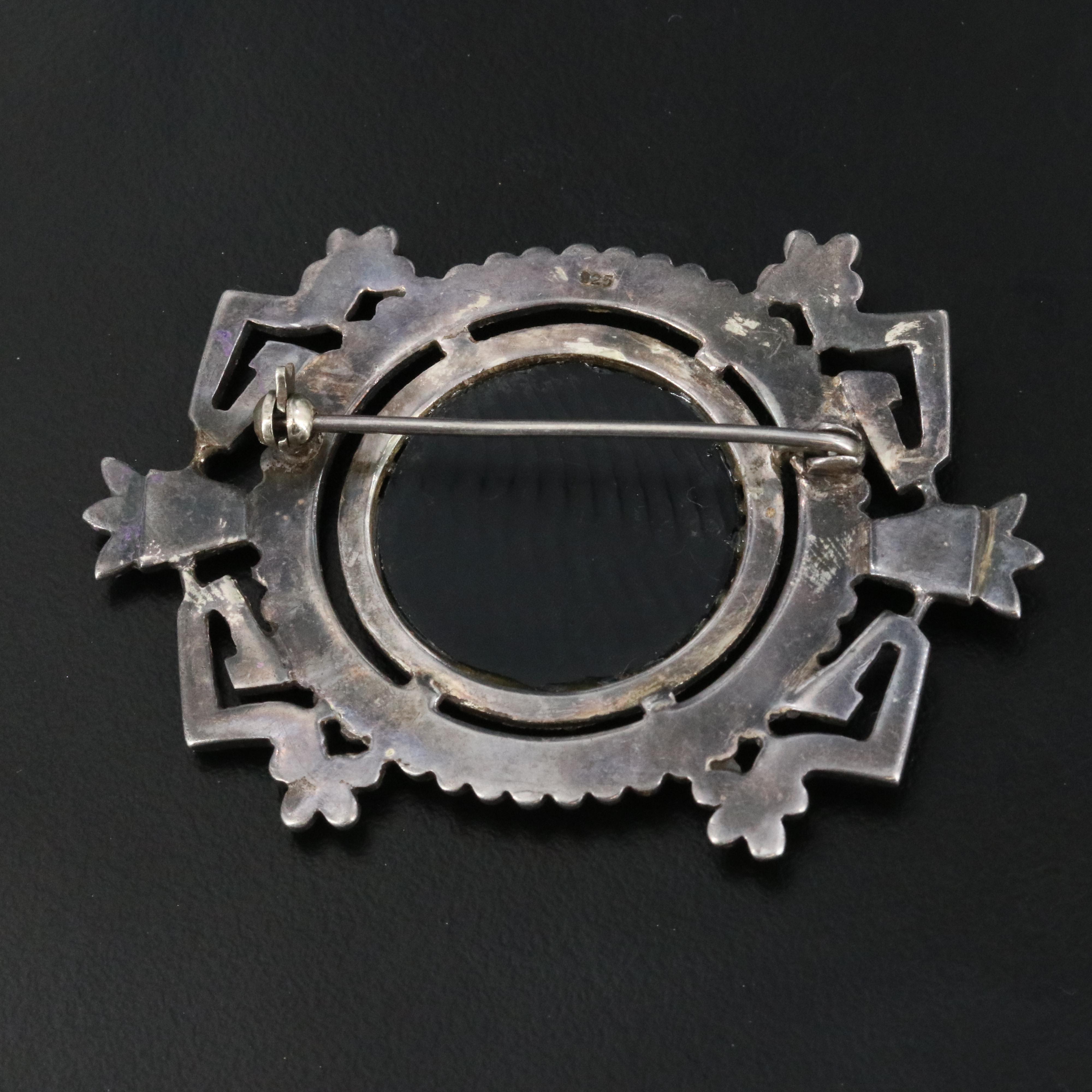 Art Deco Style Sterling Onyx and Marcasite Brooch
