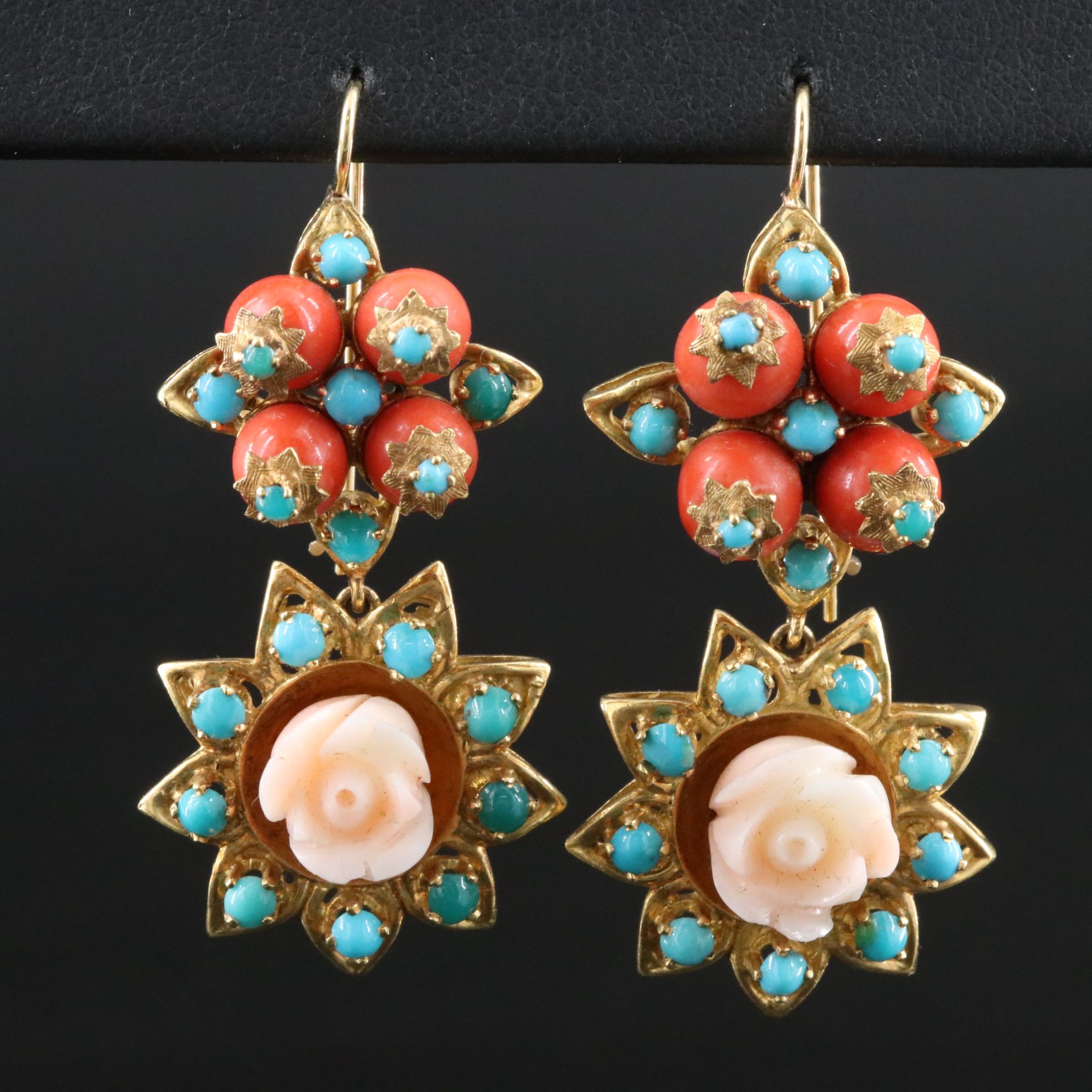 18K Coral and Turquoise Flower Earrings