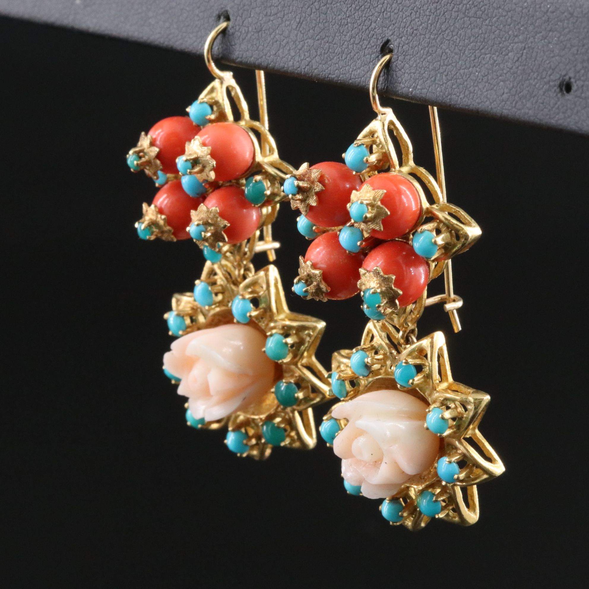 18K Coral and Turquoise Flower Earrings