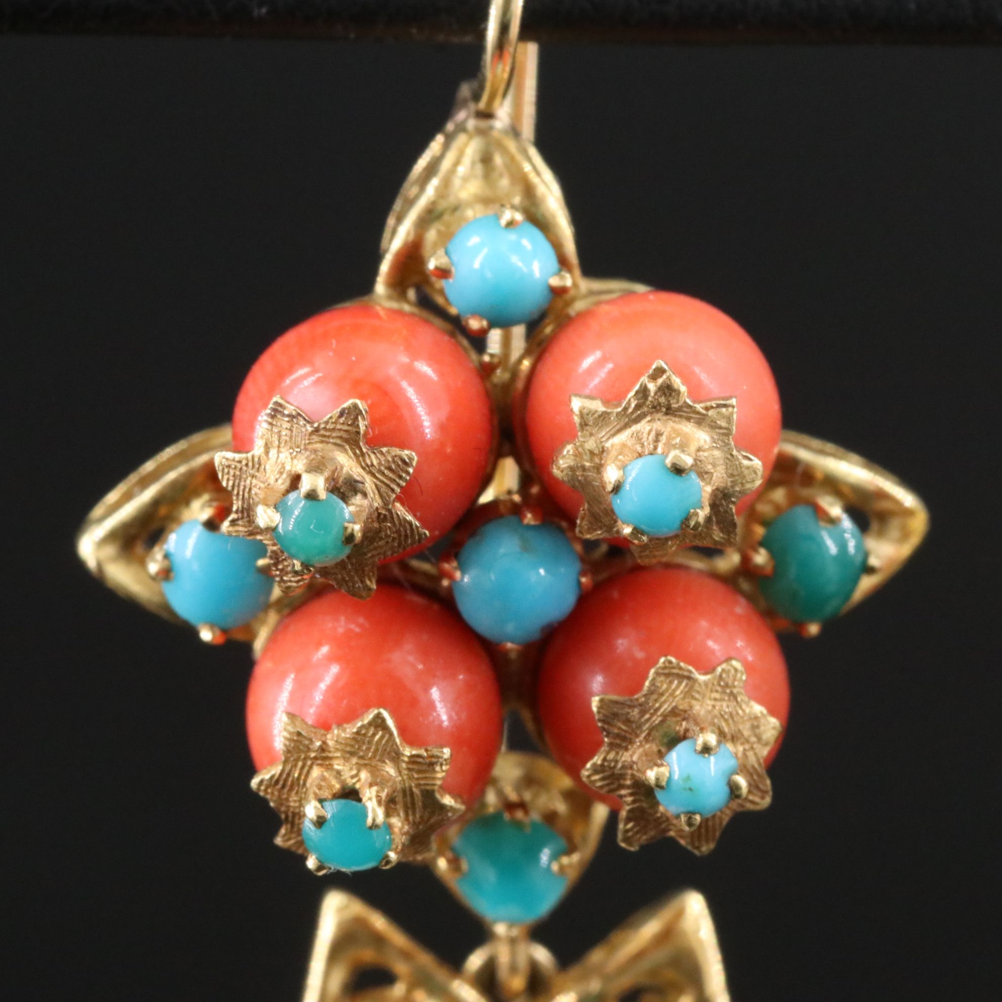 18K Coral and Turquoise Flower Earrings