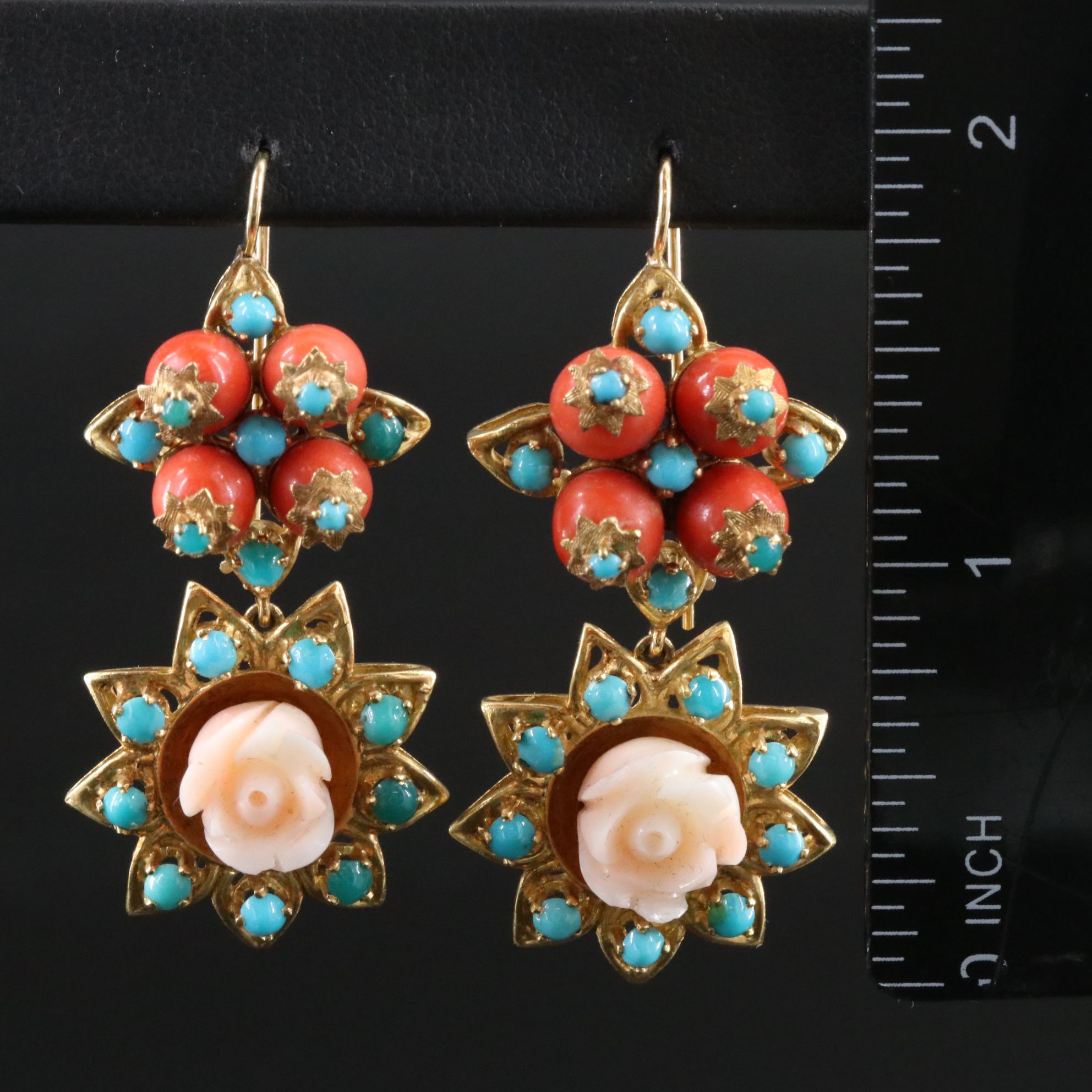 18K Coral and Turquoise Flower Earrings