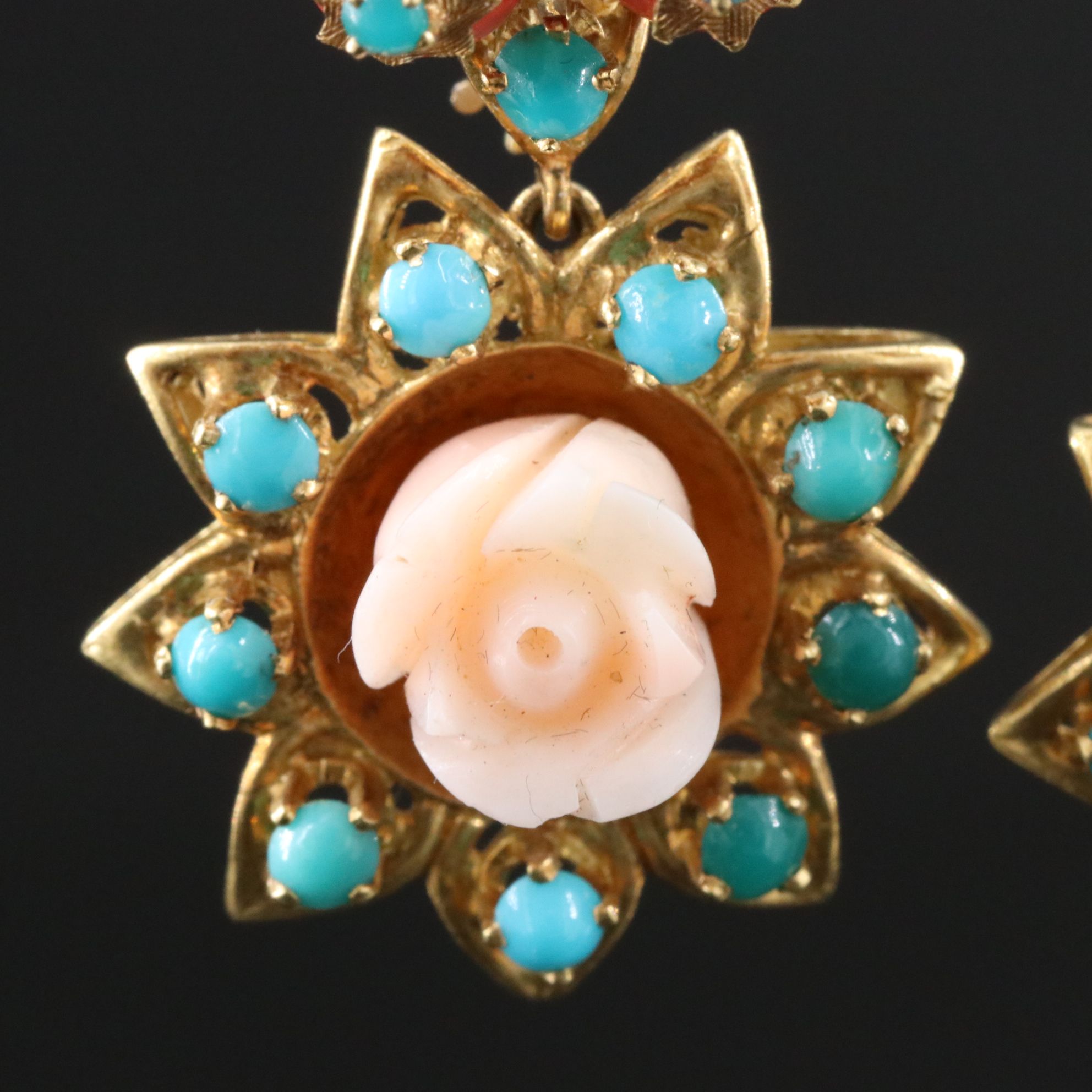 18K Coral and Turquoise Flower Earrings