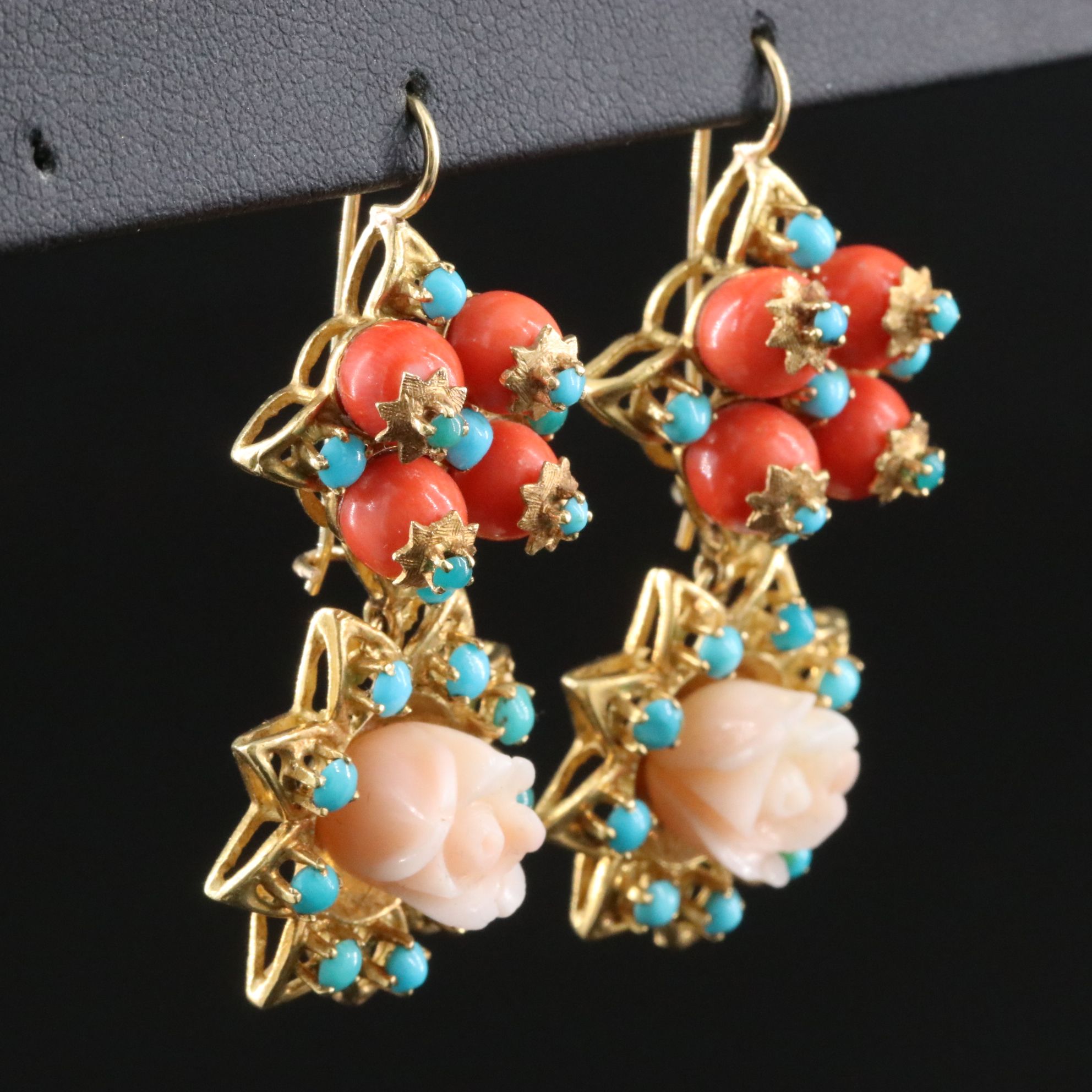 18K Coral and Turquoise Flower Earrings