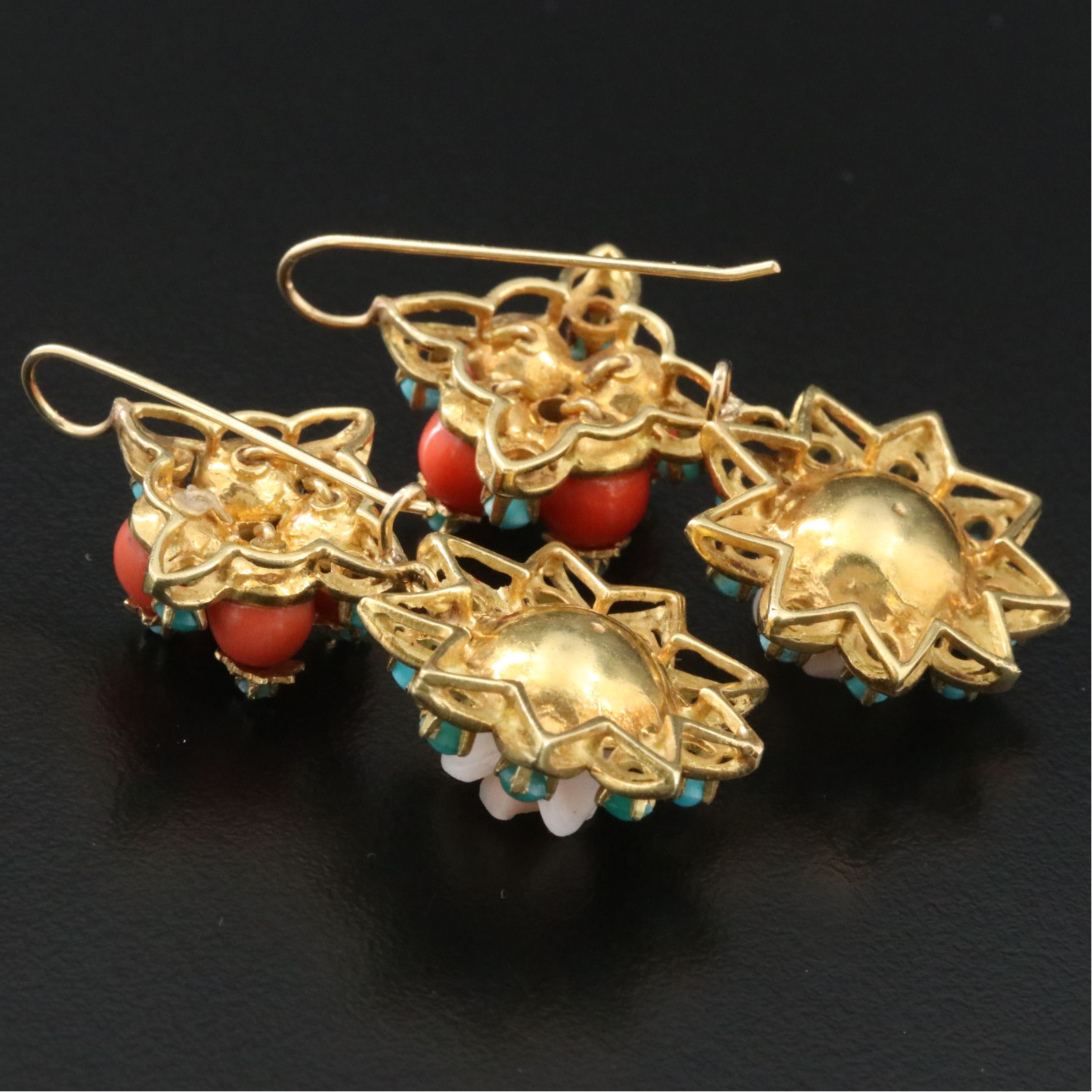 18K Coral and Turquoise Flower Earrings