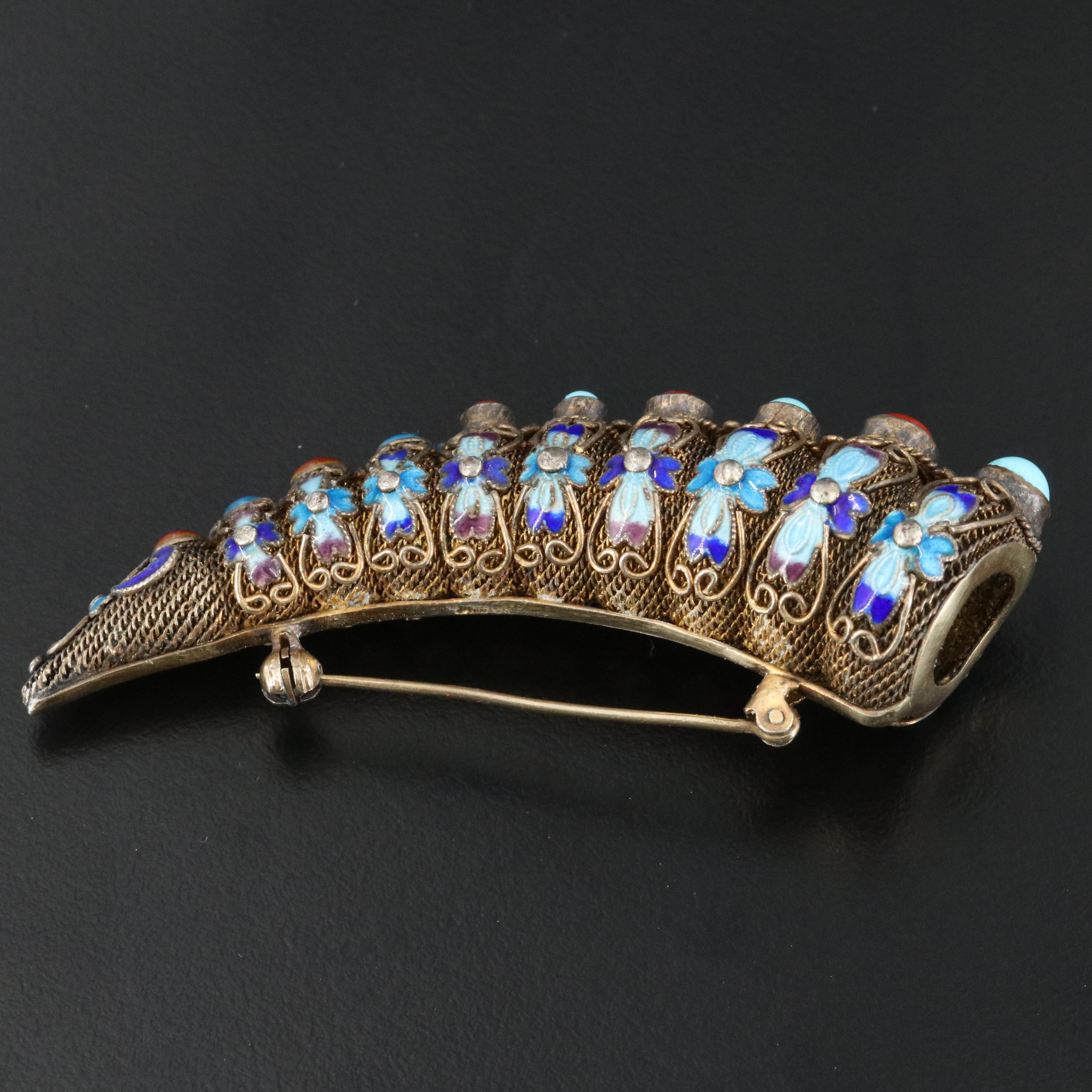Chinese Export Sterling Nail Guard Brooch Including Turquoise and Coral