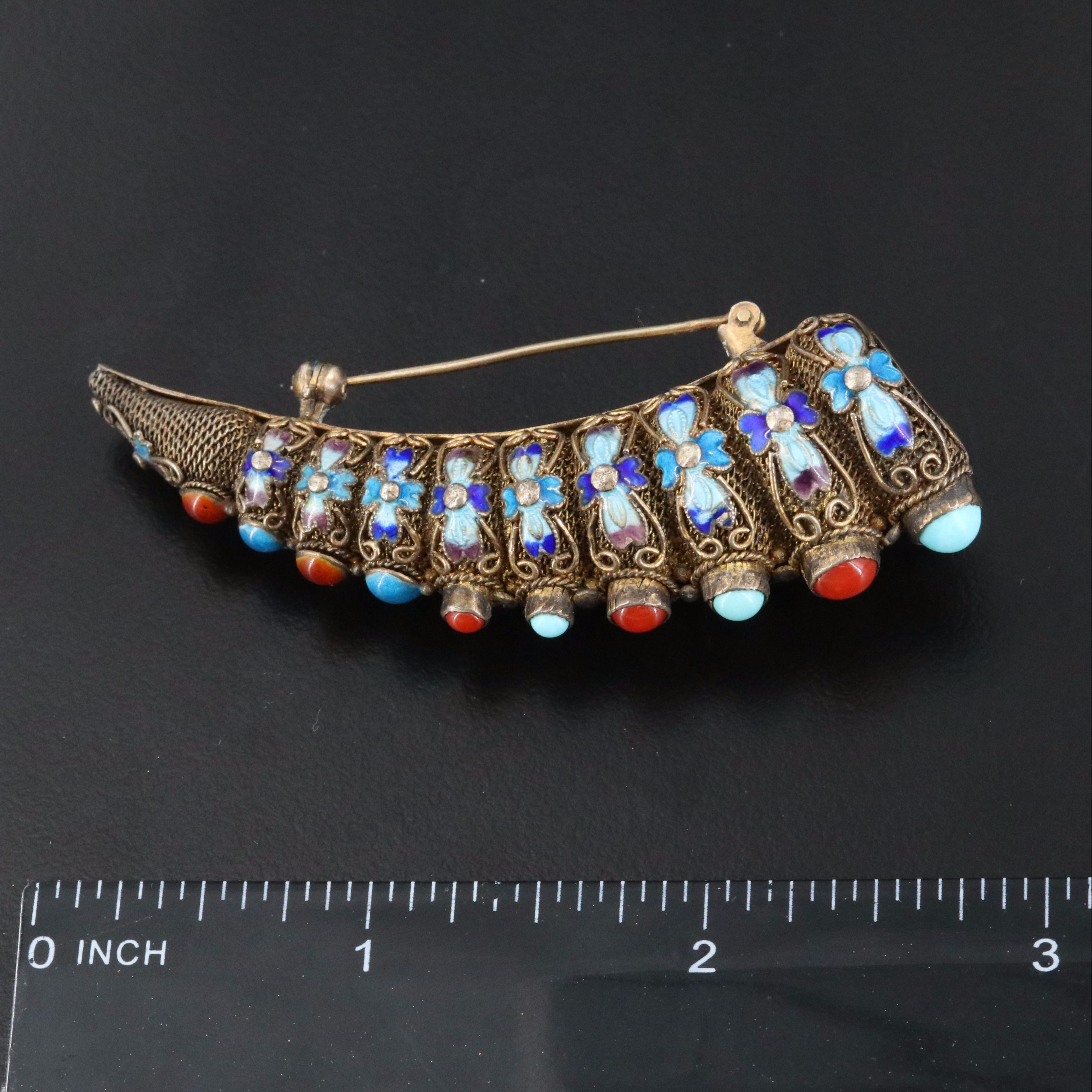 Chinese Export Sterling Nail Guard Brooch Including Turquoise and Coral