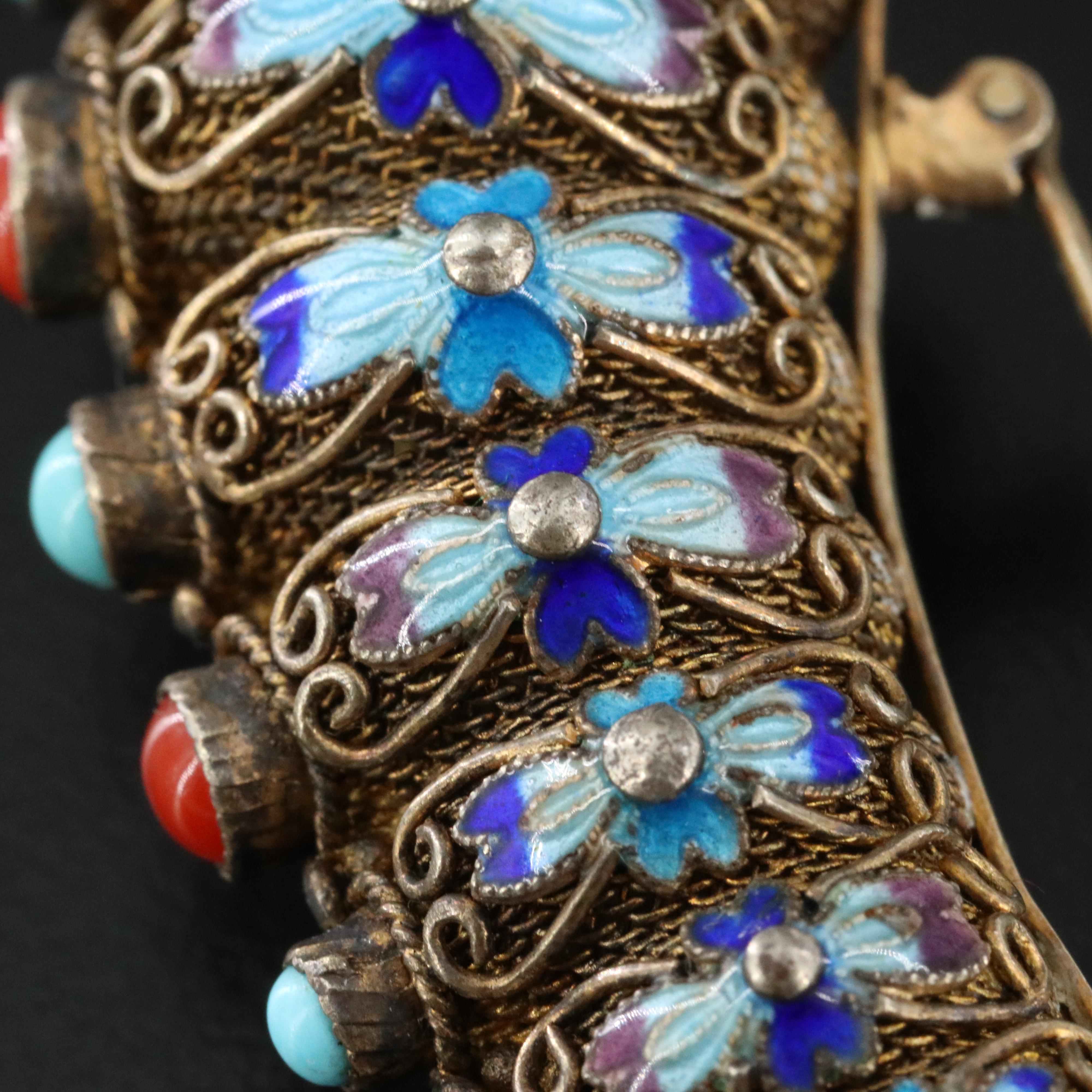 Chinese Export Sterling Nail Guard Brooch Including Turquoise and Coral