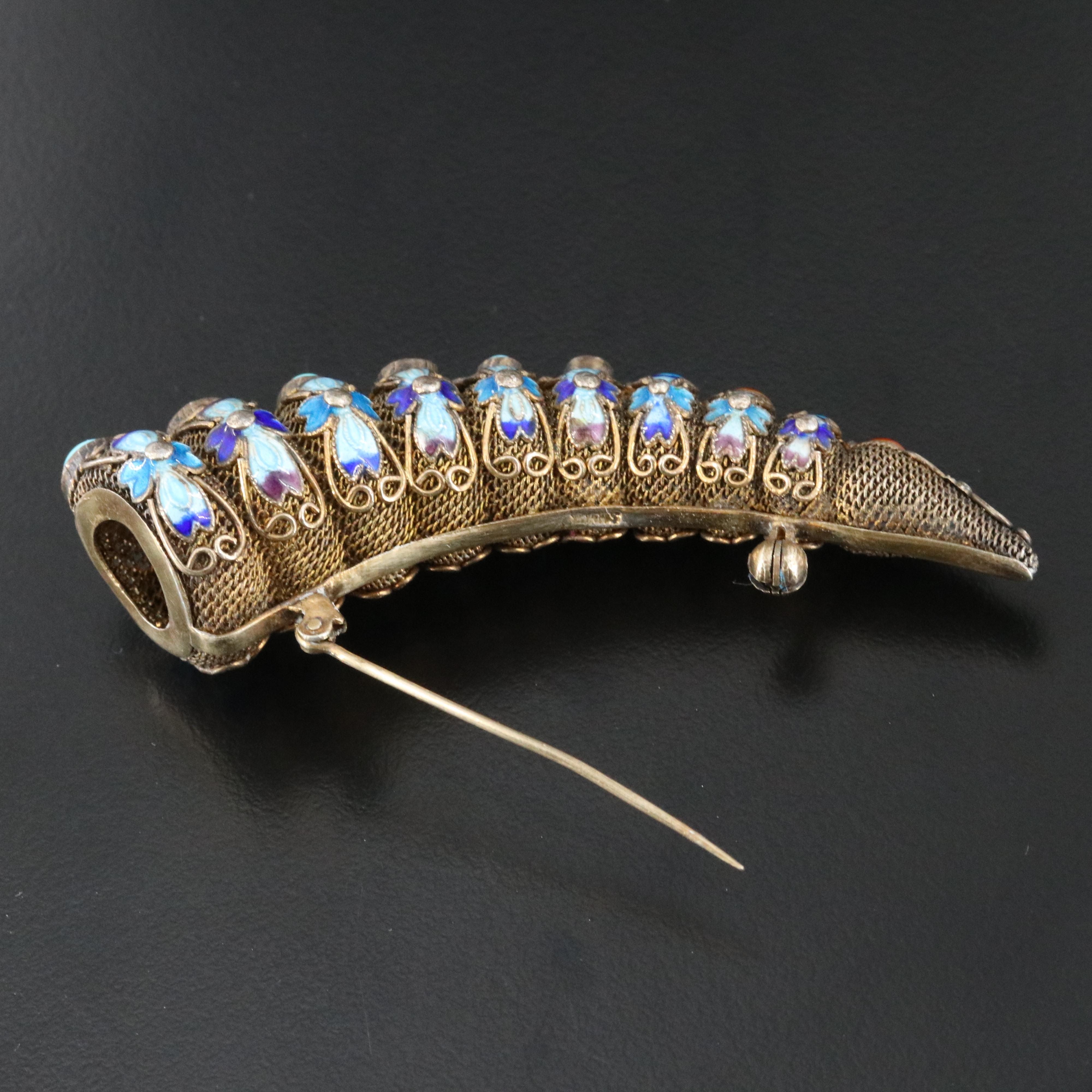 Chinese Export Sterling Nail Guard Brooch Including Turquoise and Coral