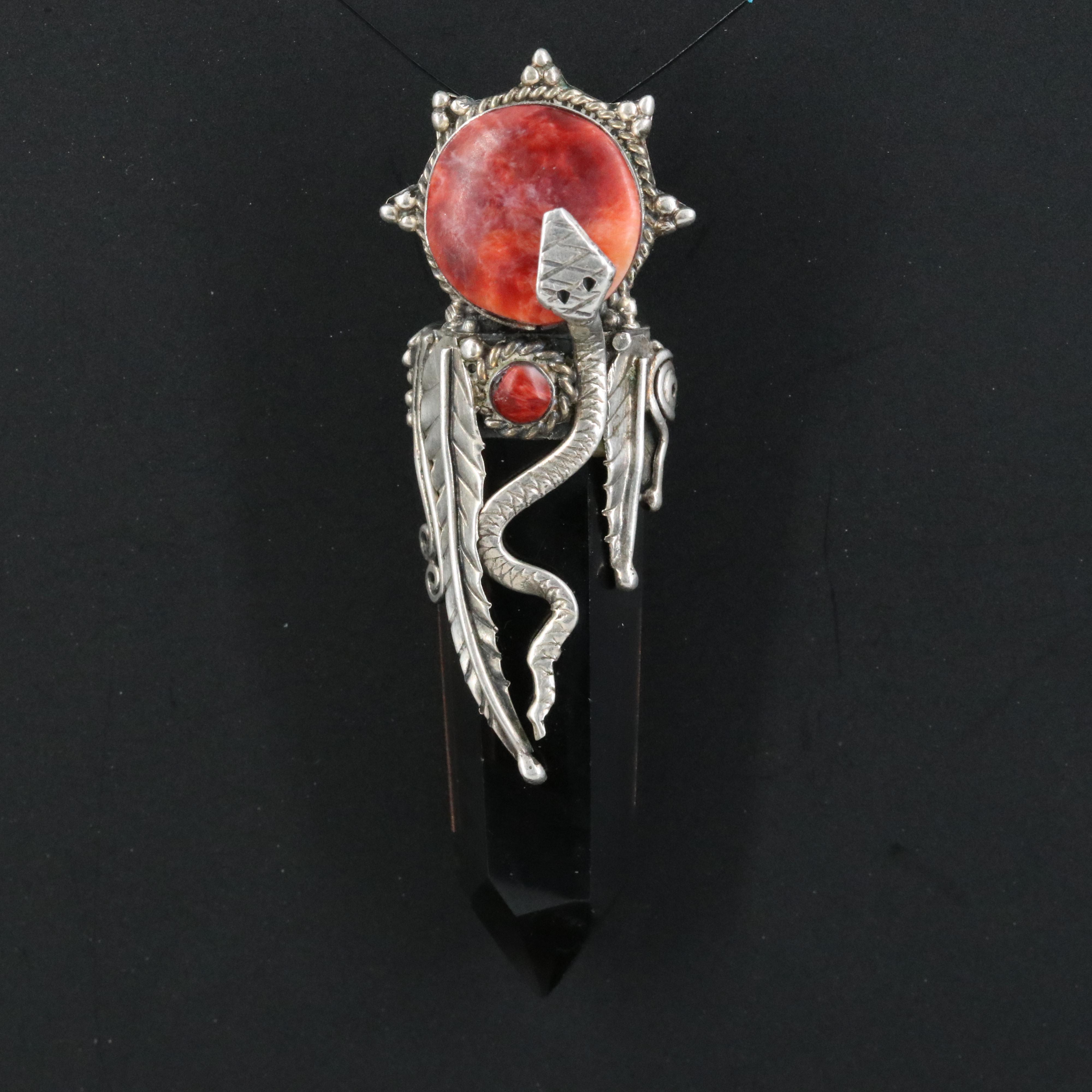 900 Silver Black Onyx and Spiny Oyster Appliqué Snake Pendant