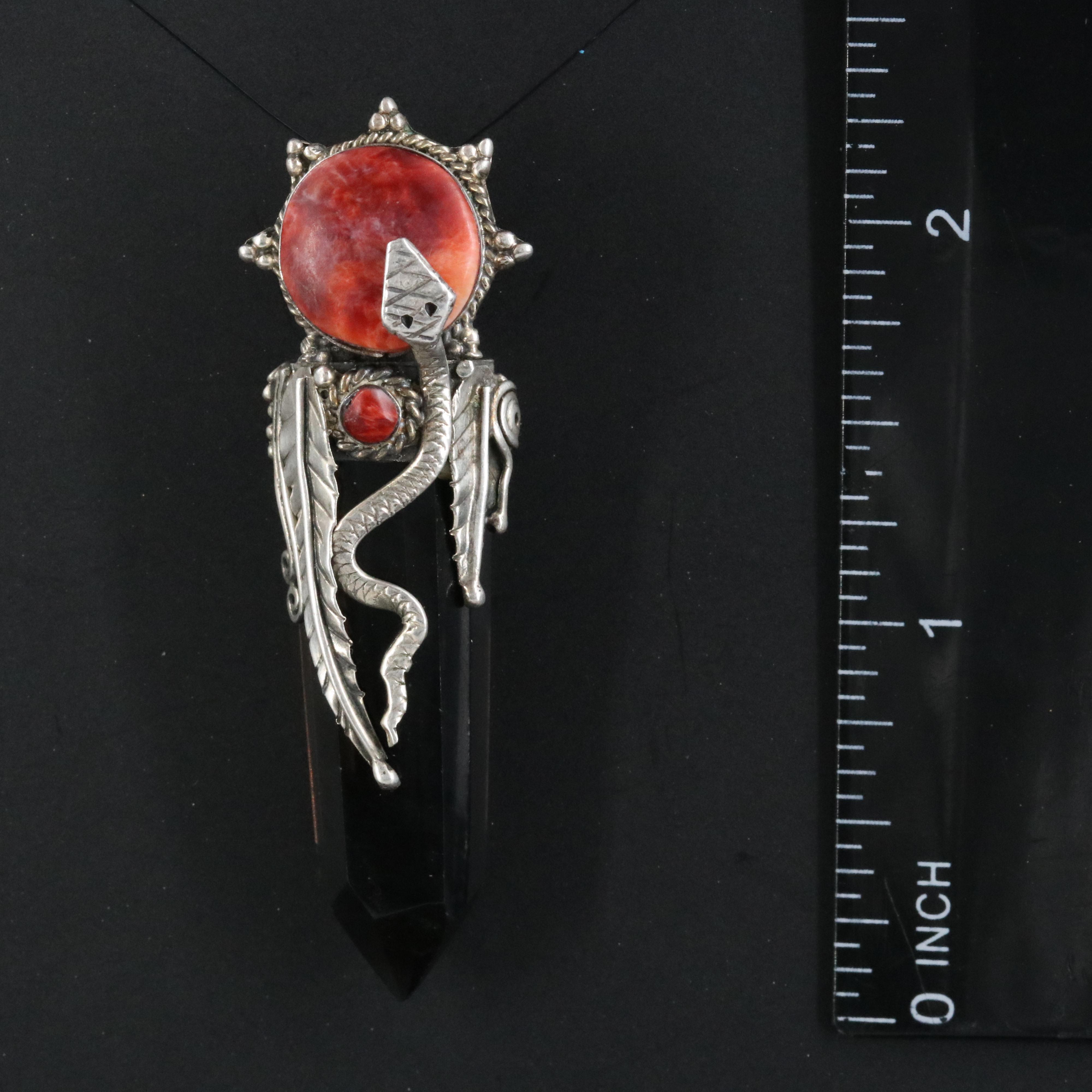 900 Silver Black Onyx and Spiny Oyster Appliqué Snake Pendant