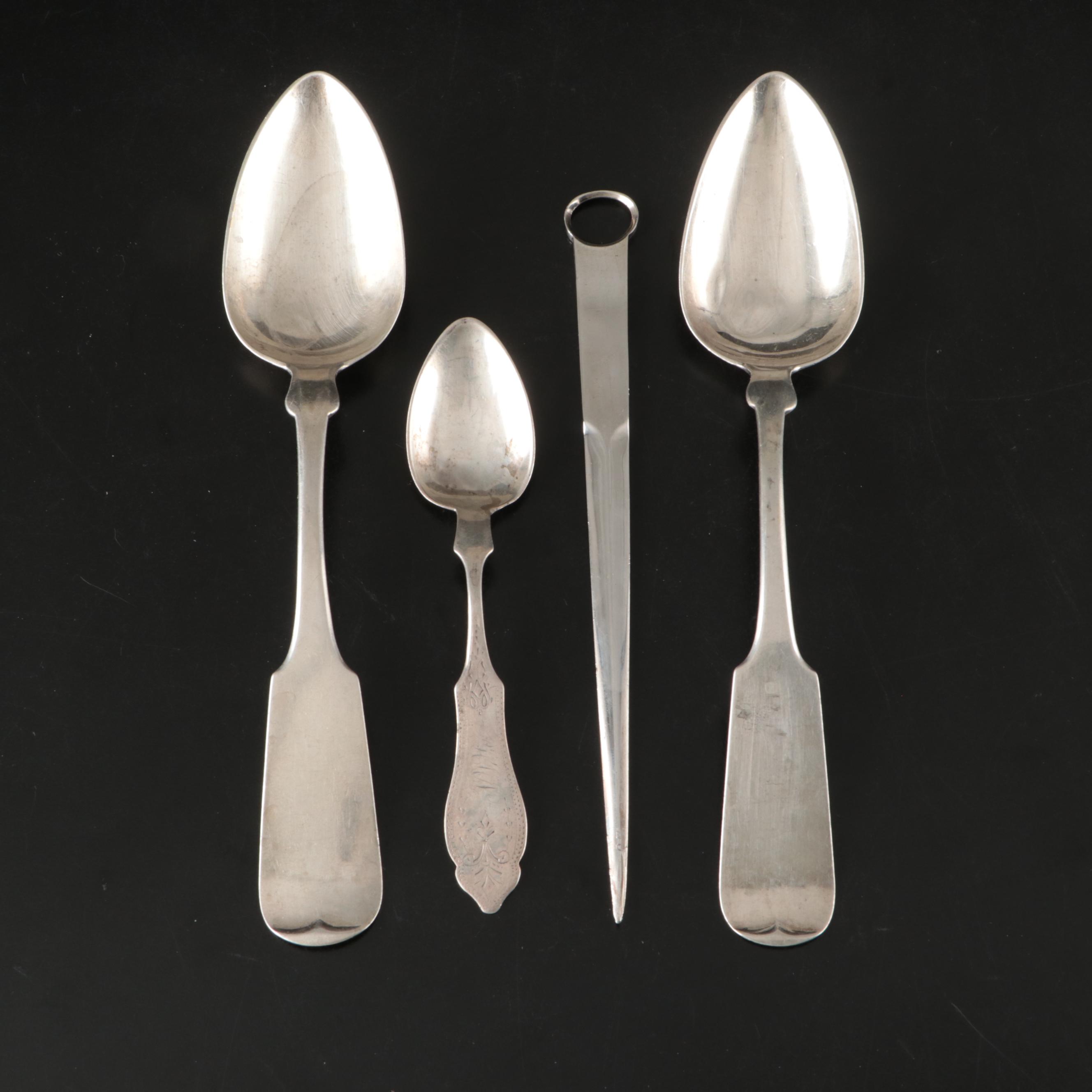 Atkin Brothers Sterling Silver Letter Opener With Coin Silver Spoons