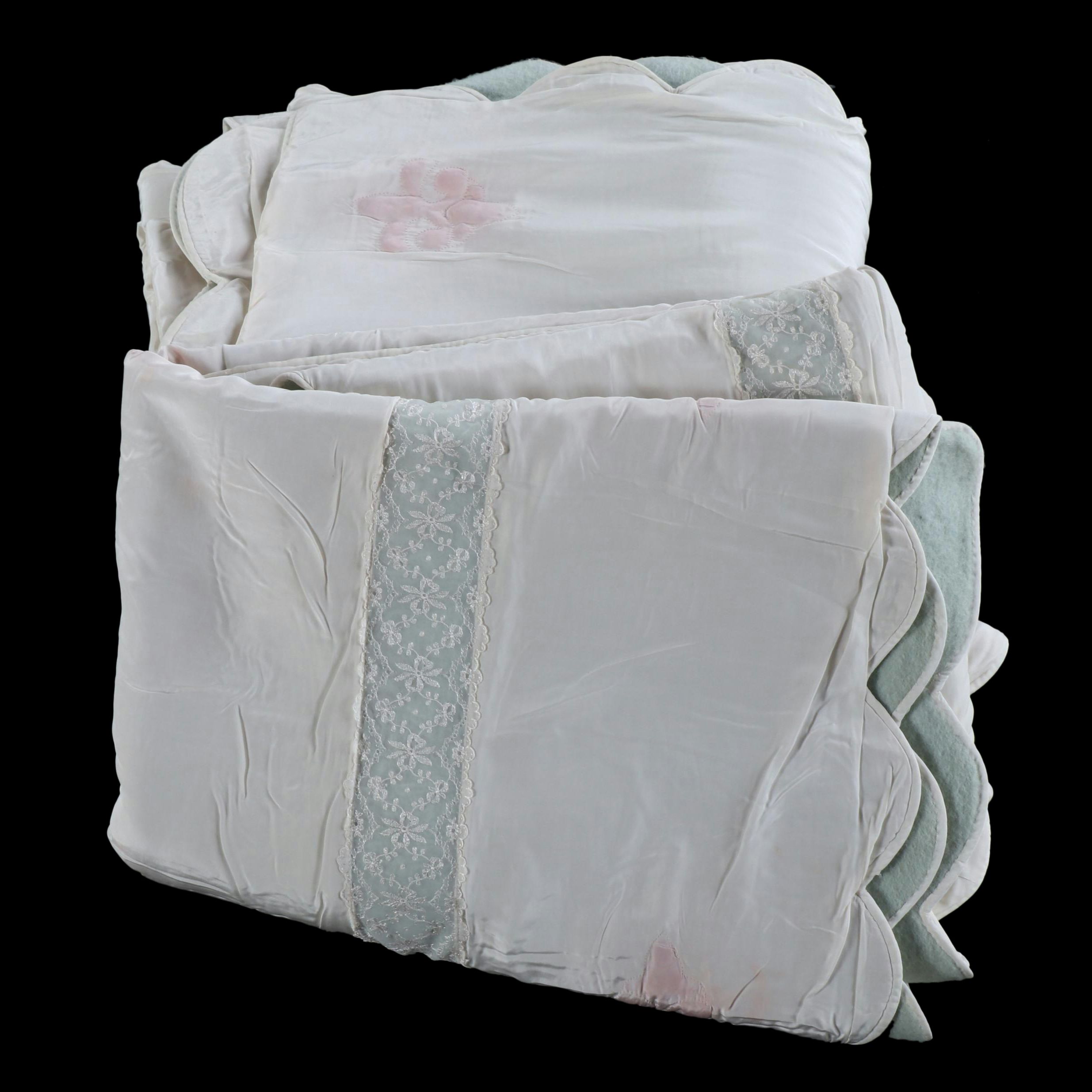 Pair of Fleur-de-Lis Pattern Wool Blend and Lace Blankets