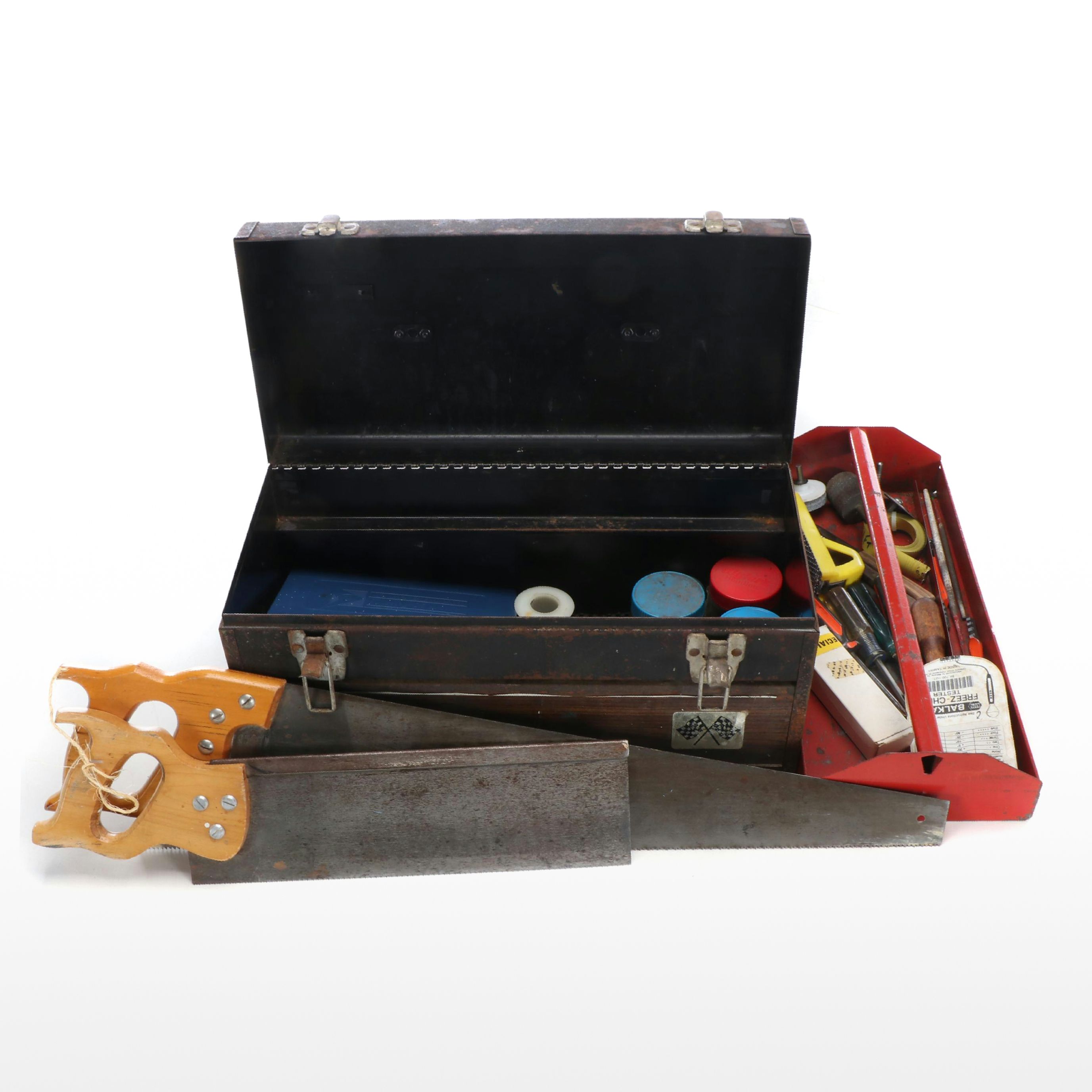Wood Handled Hand Saws, Screw Drivers, Metal Toolbox, and More Tools