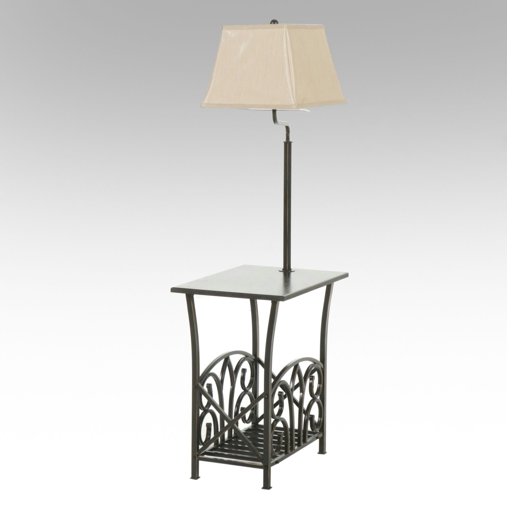 Oil Rubbed Bronze Floor Table Lamp with Magazine Rack, Silk Shade