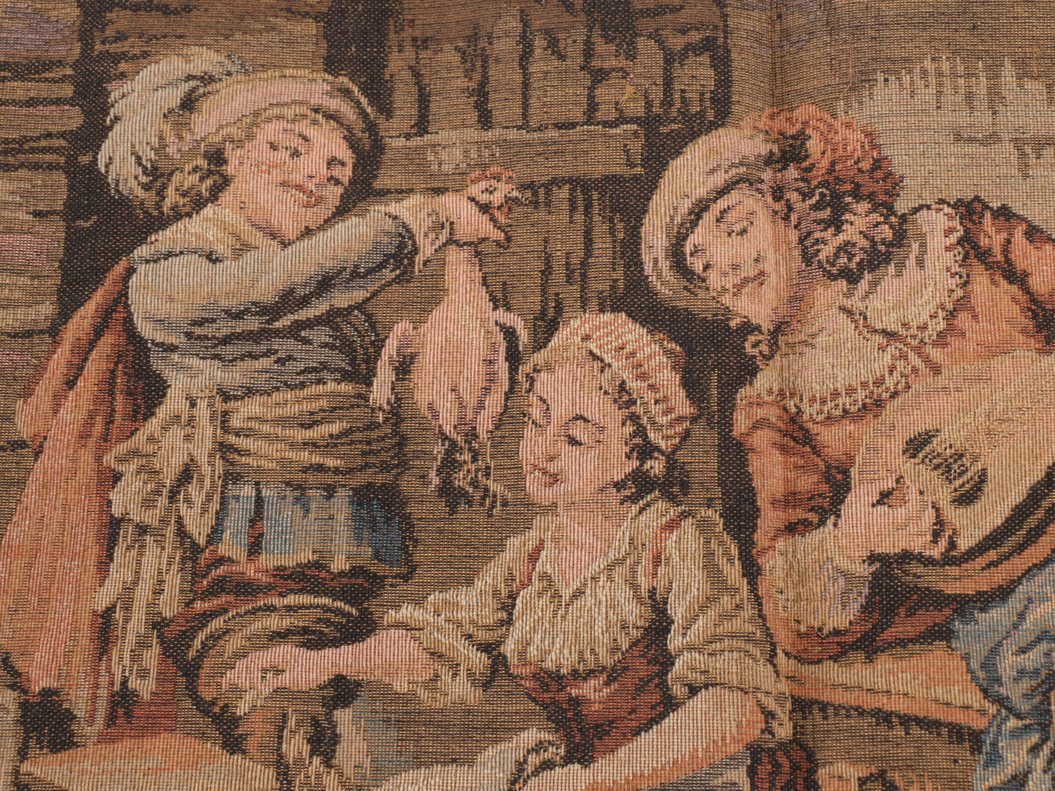French Aubusson Style Tavern Scene Woven Tapestry