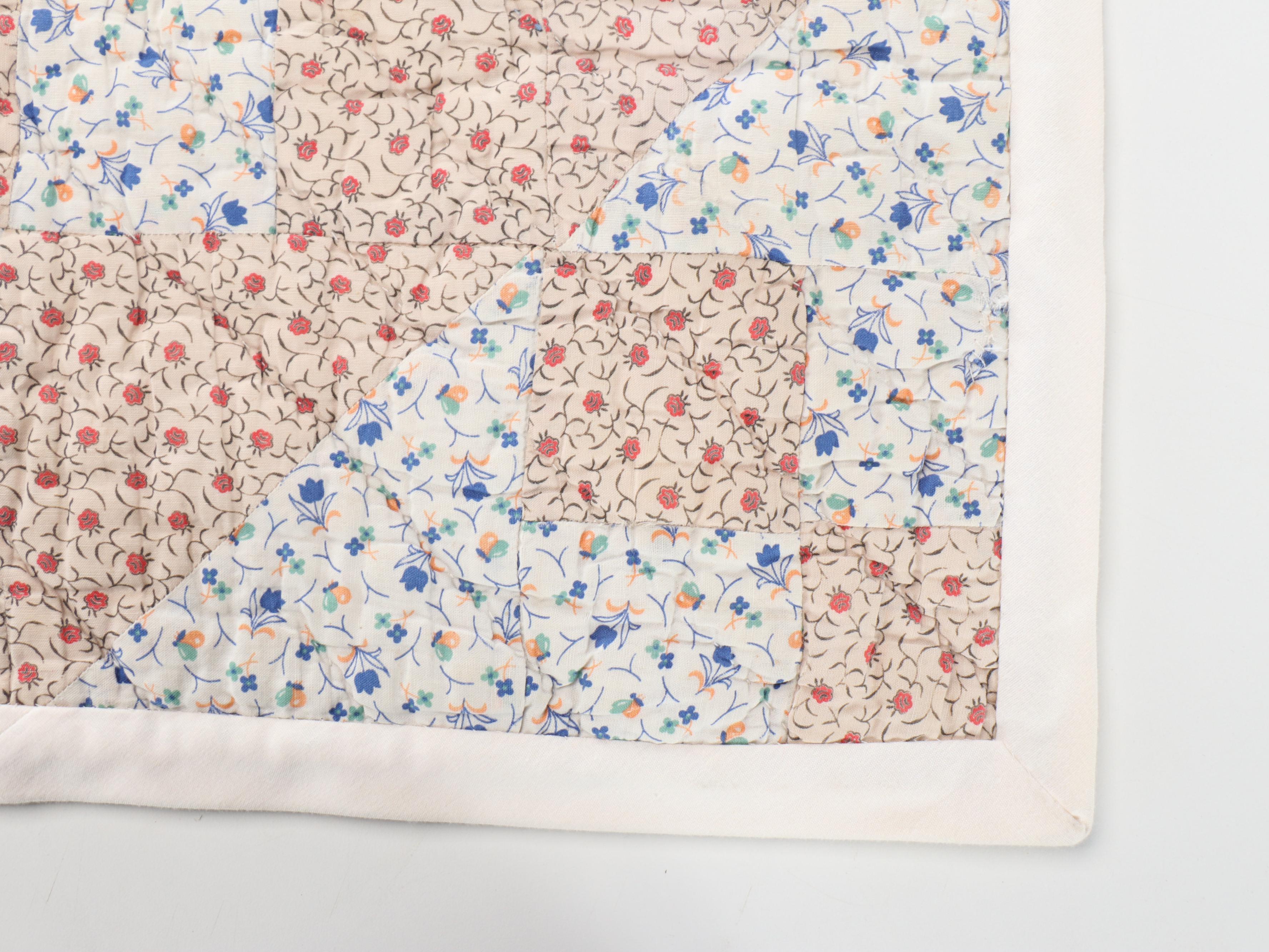 Handmade Disappearing Nine-Patch Calico Cotton Quilt, 20th Century