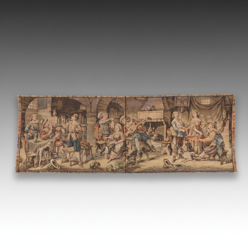 French Aubusson Style Tavern Scene Woven Tapestry