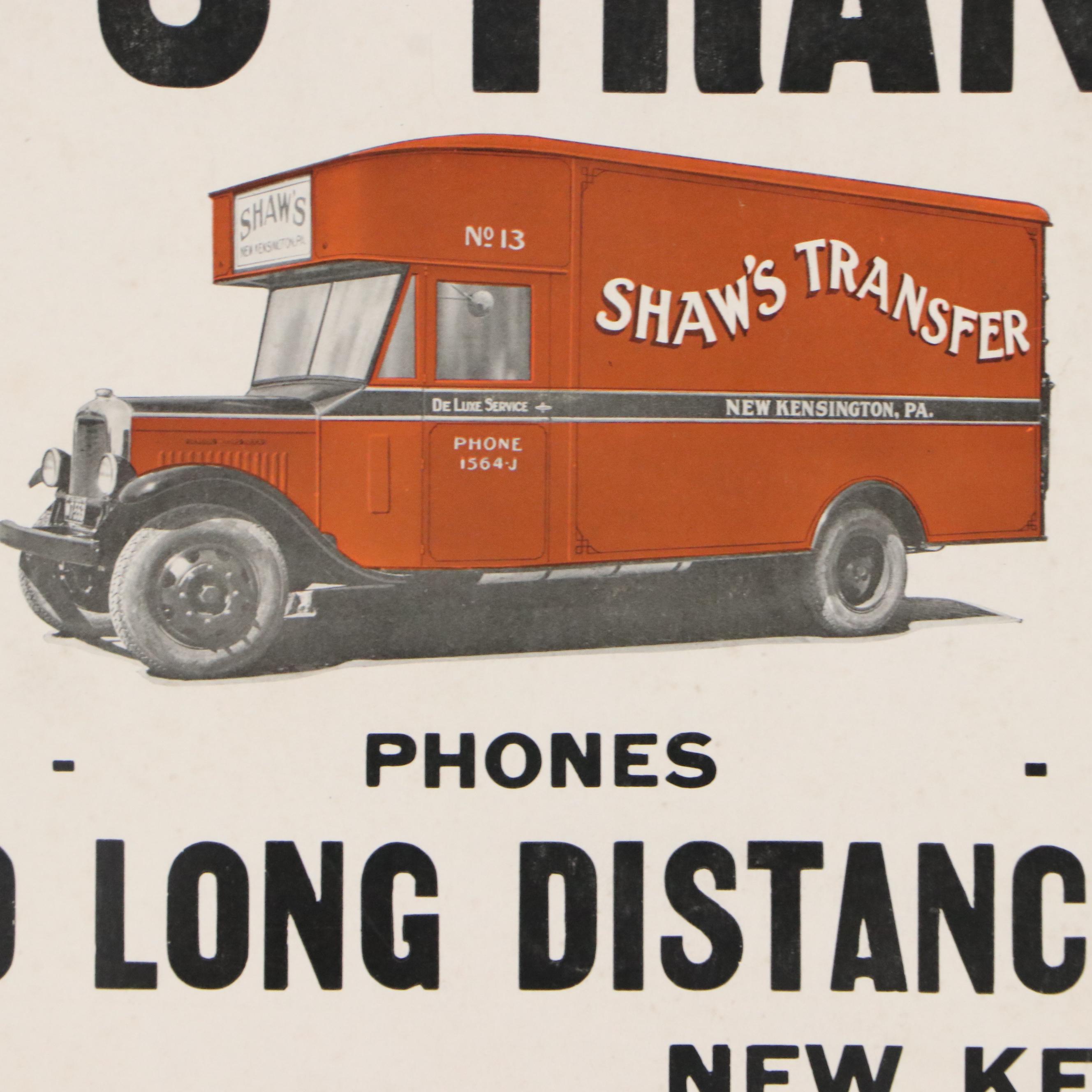 Shaw's Transfer Letterpress Halftone Printed Advertisement Calendar, 1931