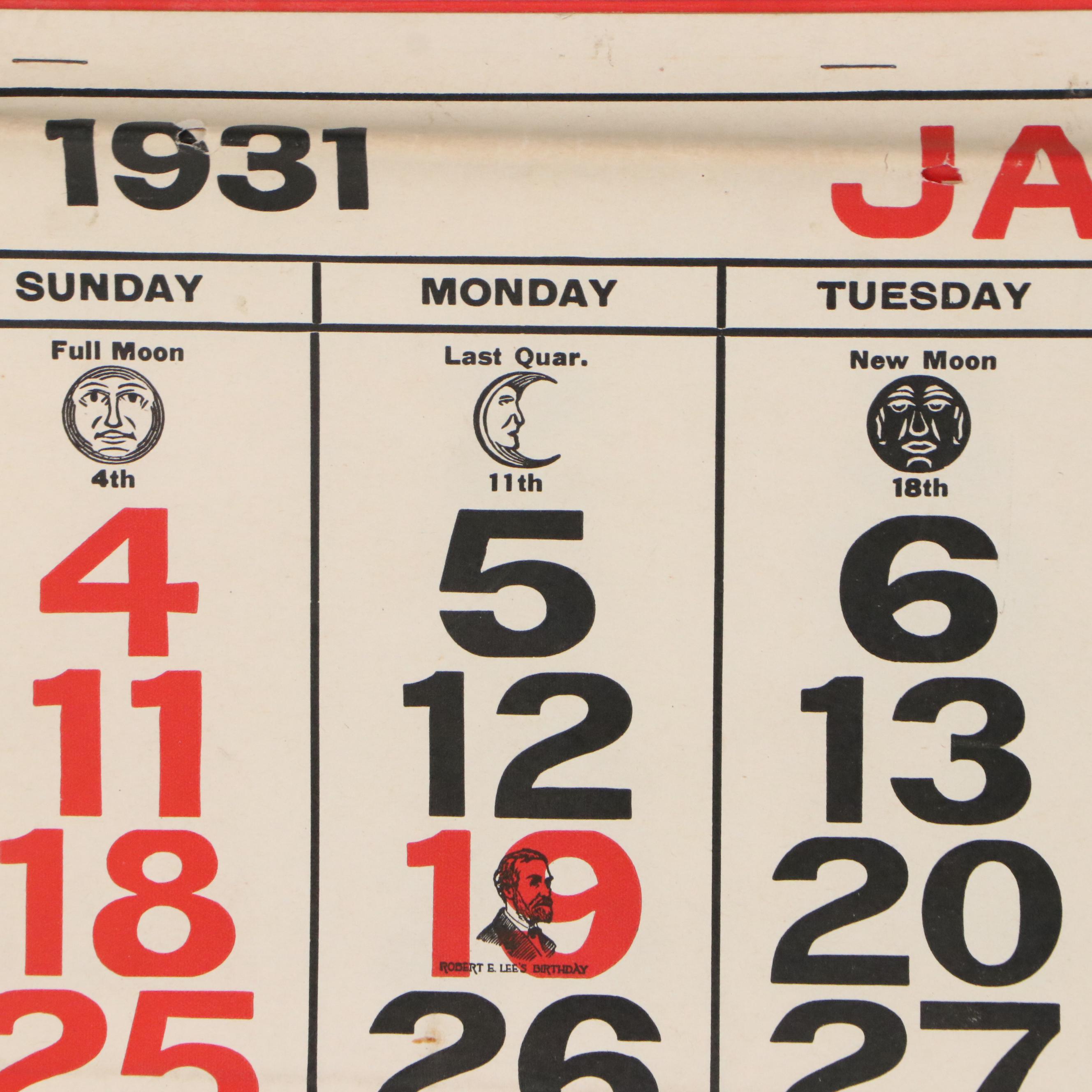 Shaw's Transfer Letterpress Halftone Printed Advertisement Calendar, 1931