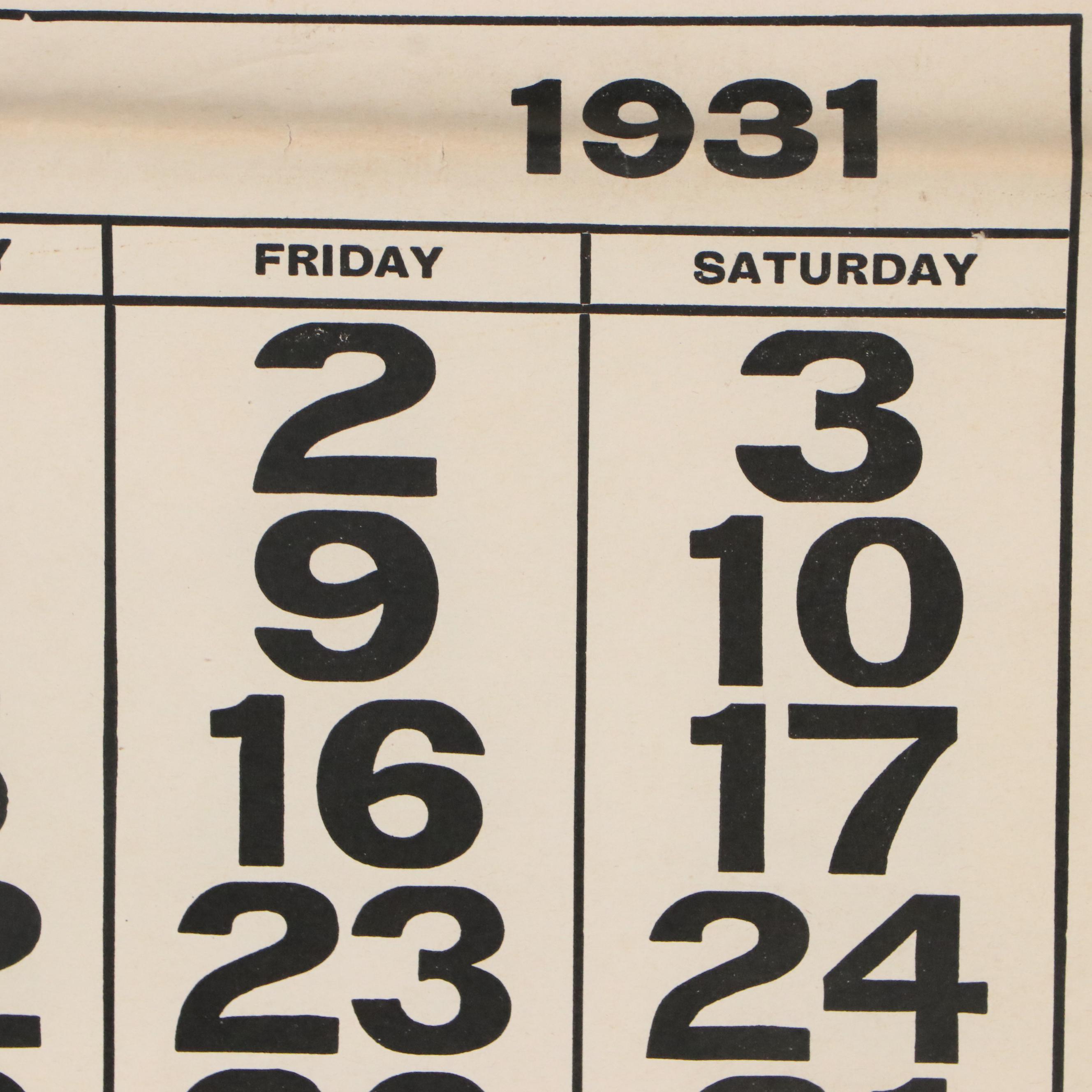 Shaw's Transfer Letterpress Halftone Printed Advertisement Calendar, 1931