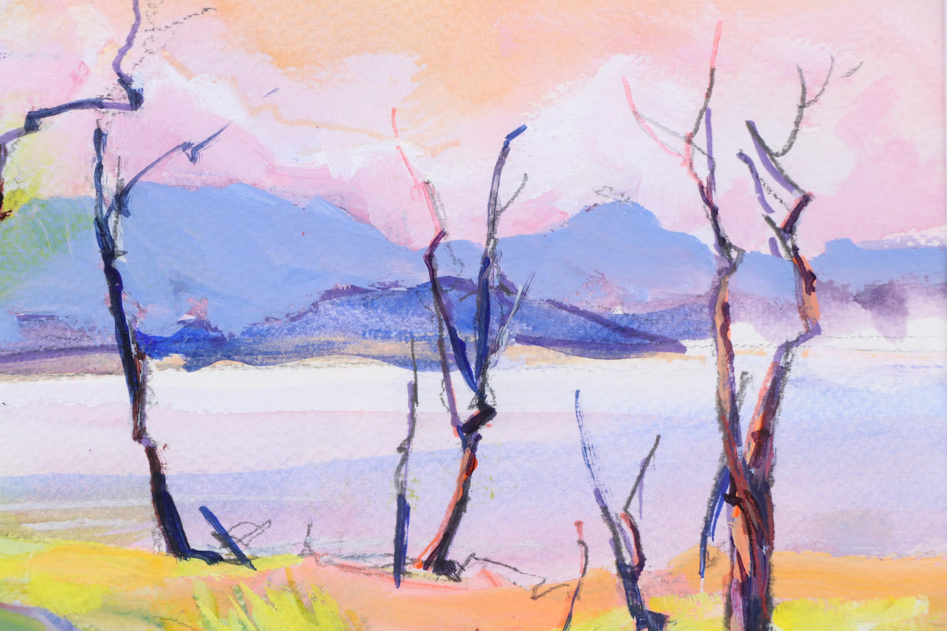 Oil Painting of Bare Trees on Lake's Edge, 21st Century