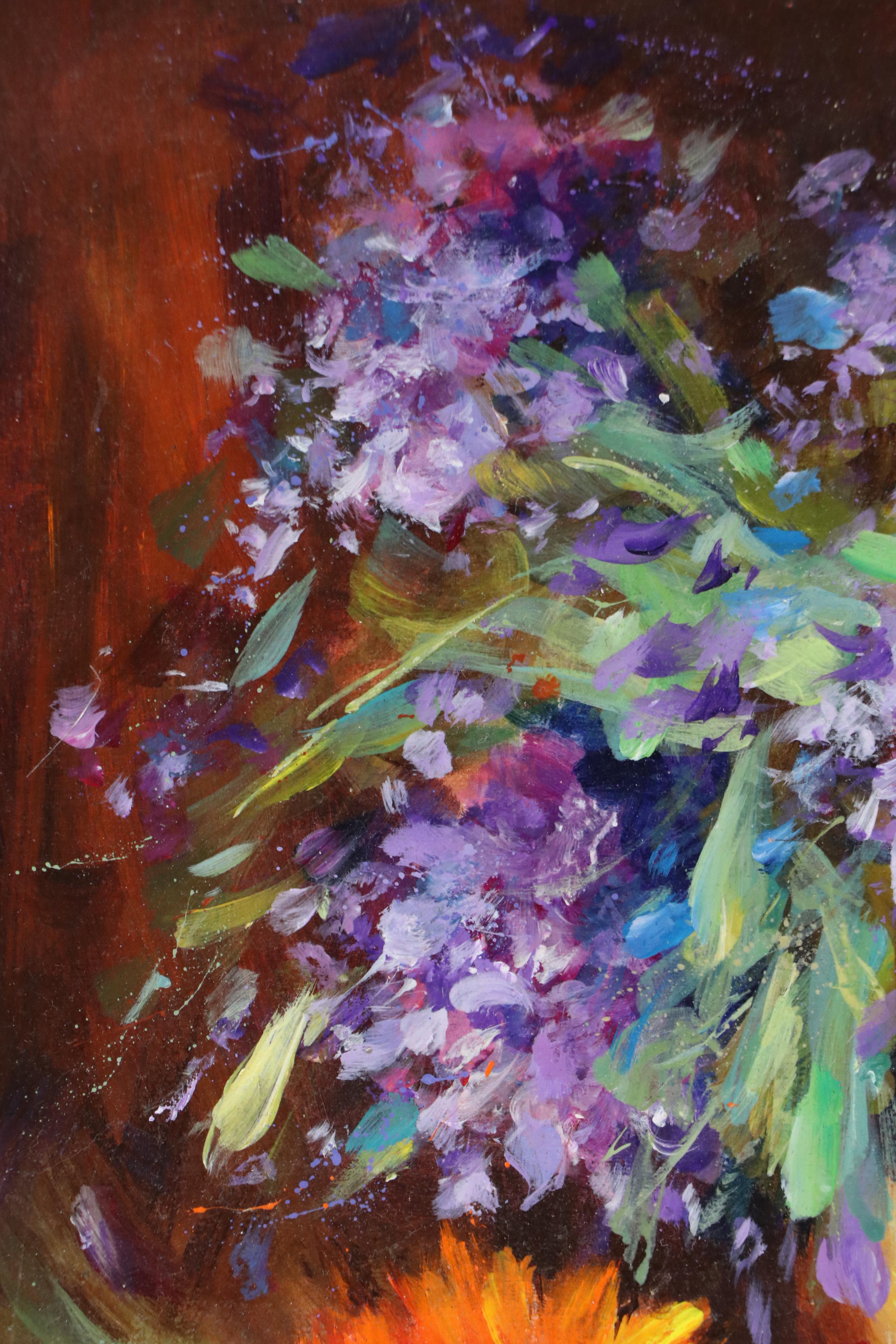 Alice Harpel Oil Painting of Purple Floral Still Life, Late 20th Century