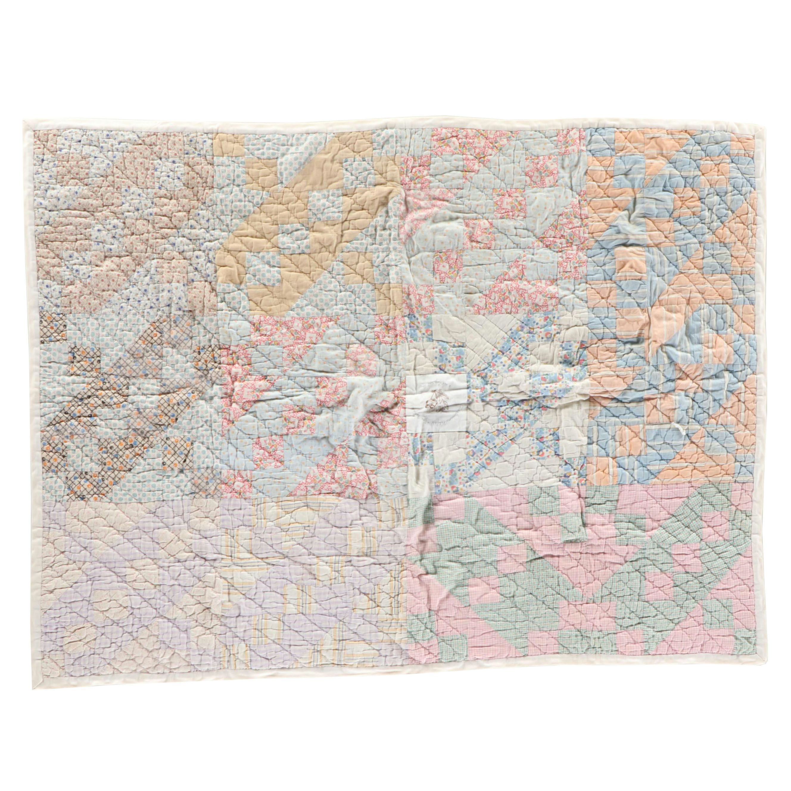 Handmade Disappearing Nine-Patch Calico Cotton Quilt, 20th Century