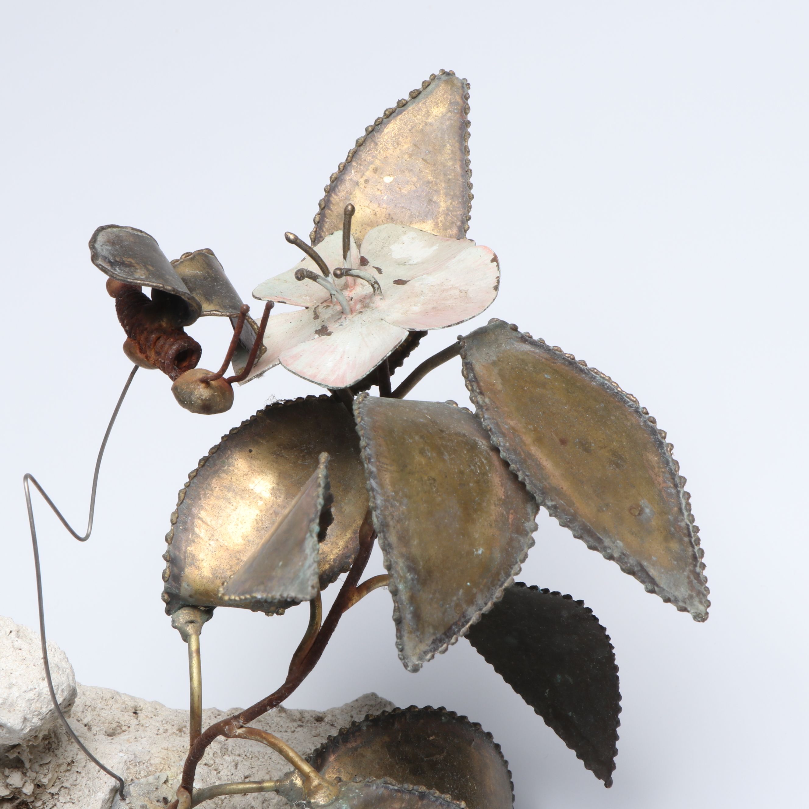 Wrought Metal Flower and Insect Sculpture on Stone Base