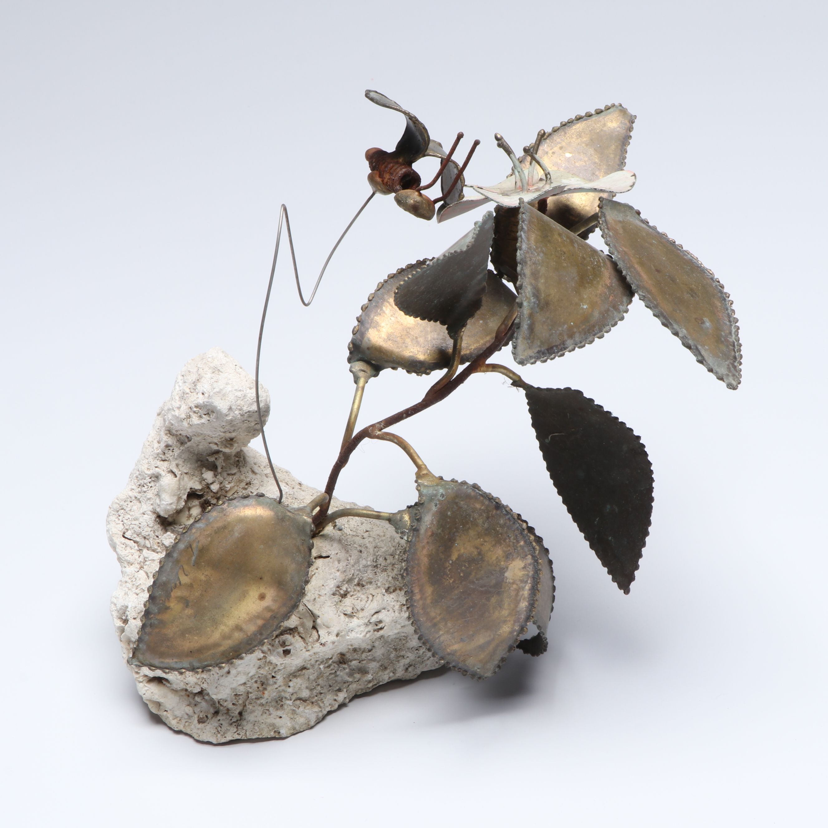 Wrought Metal Flower and Insect Sculpture on Stone Base