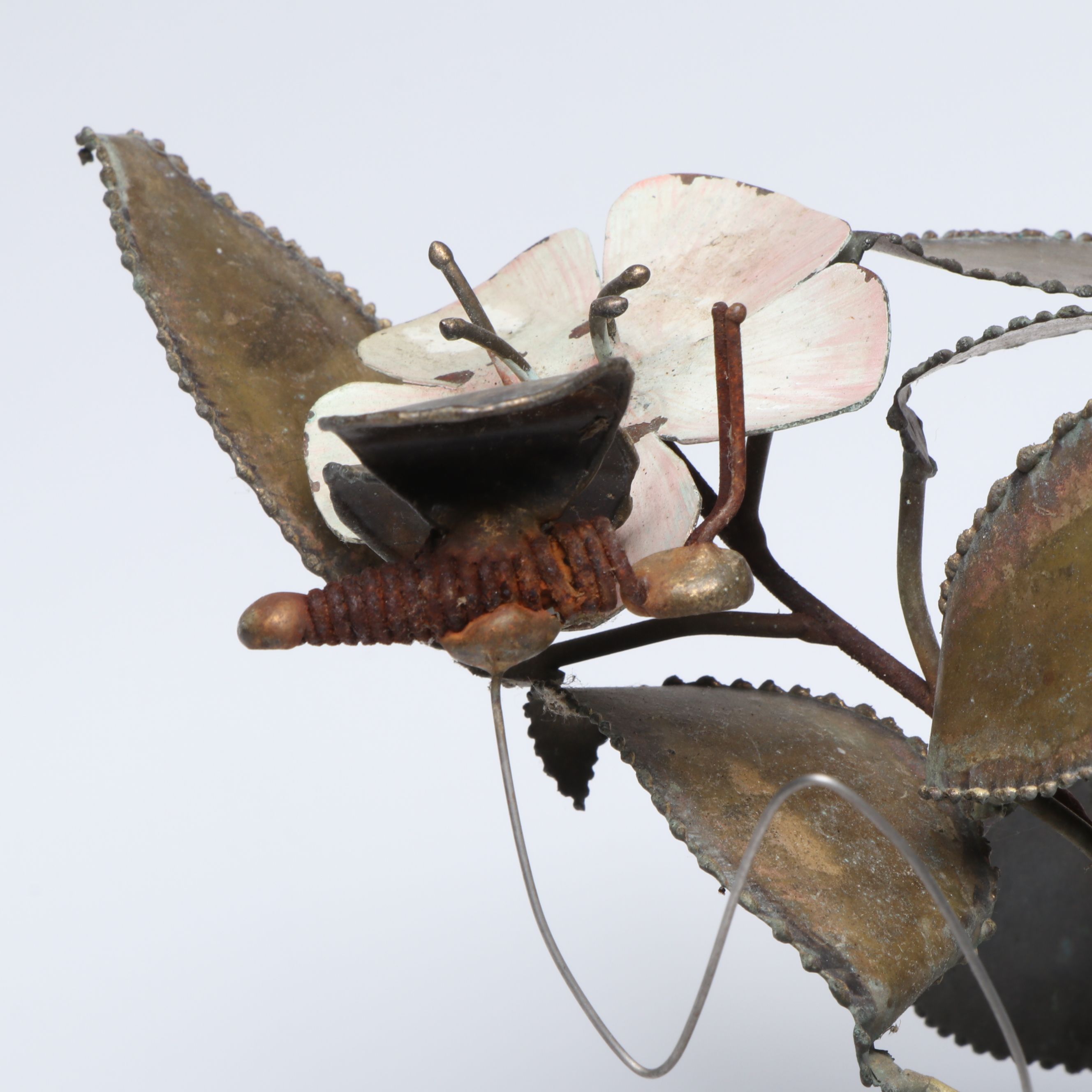 Wrought Metal Flower and Insect Sculpture on Stone Base