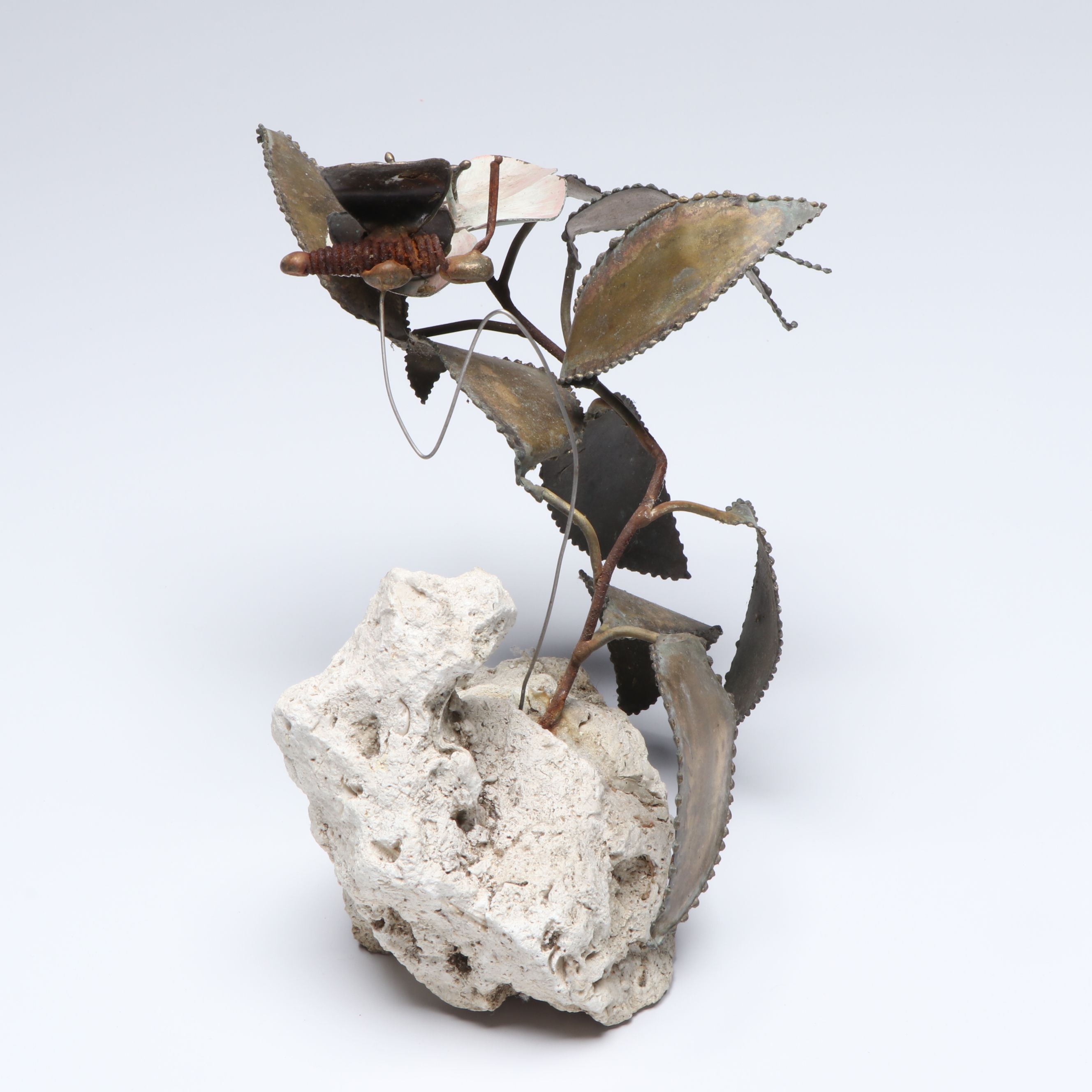 Wrought Metal Flower and Insect Sculpture on Stone Base