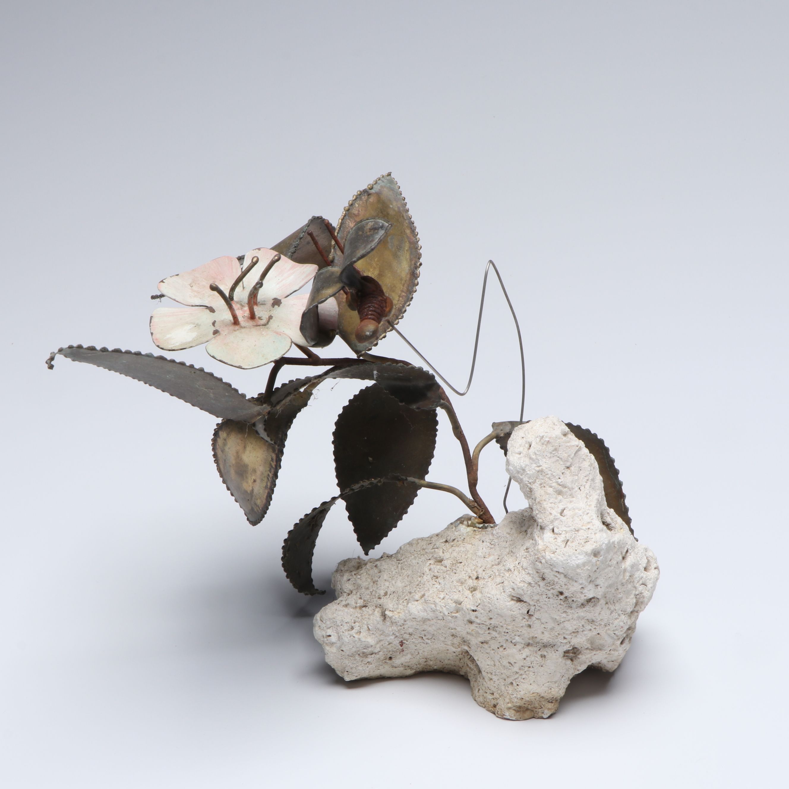 Wrought Metal Flower and Insect Sculpture on Stone Base