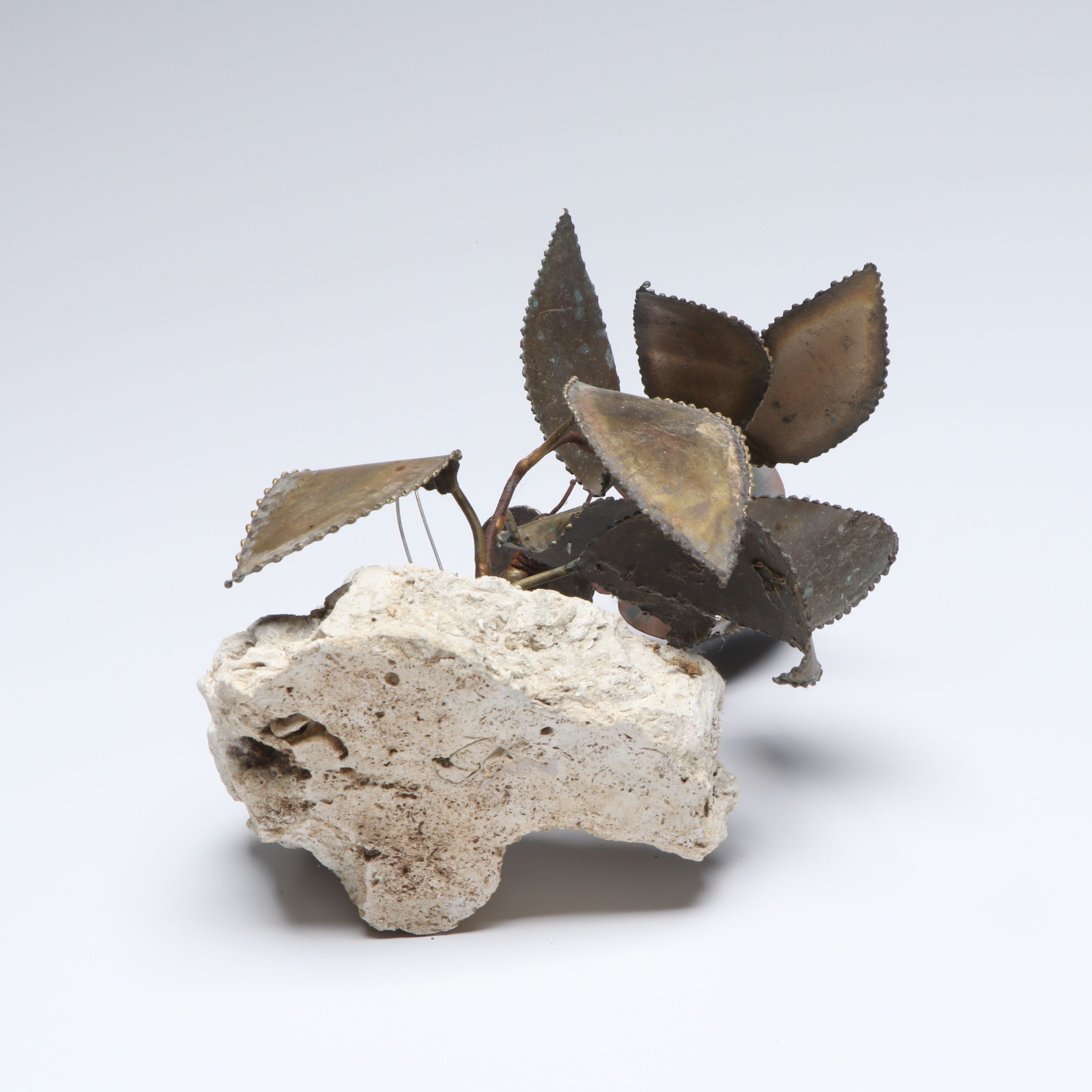 Wrought Metal Flower and Insect Sculpture on Stone Base