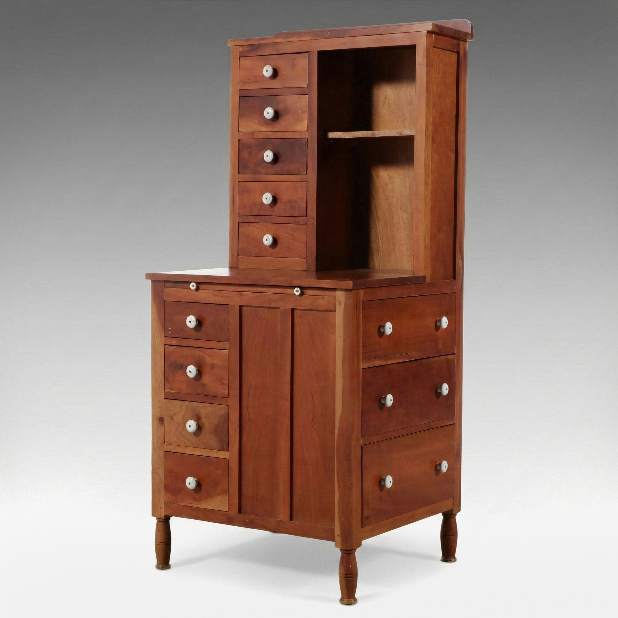 Twelve-Drawer Cherry and Mahogany Dental Cabinet with Draw Leaf