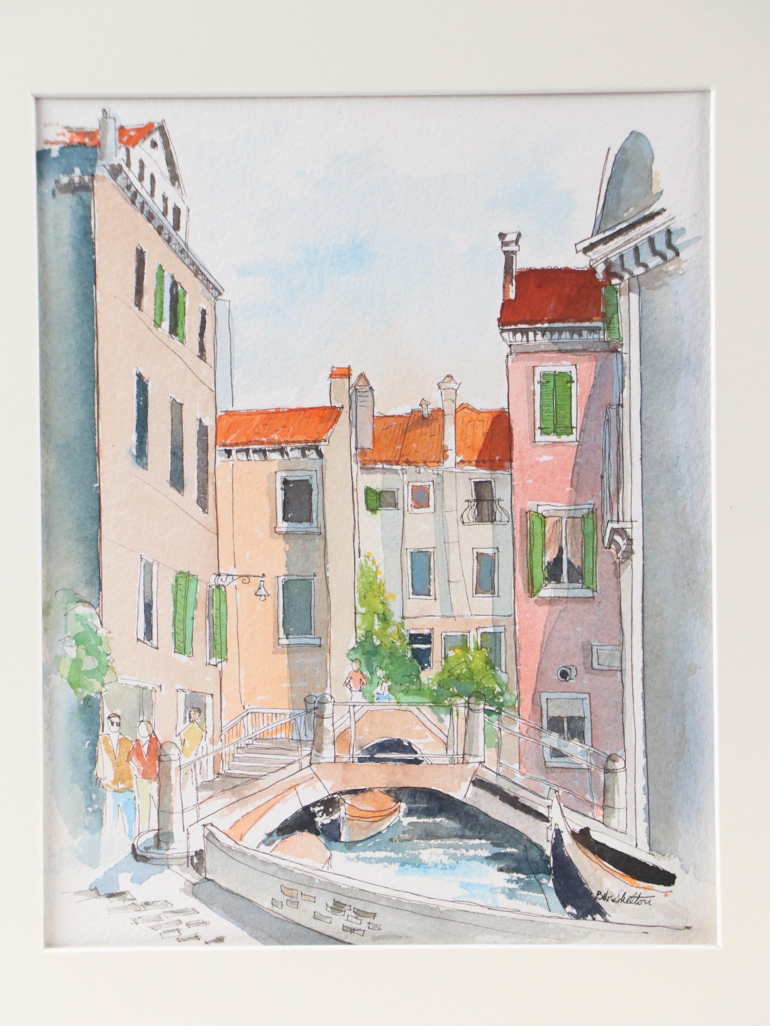 Bob Shelton Watercolor Painting of Small Venetian Bridge, 21st Century