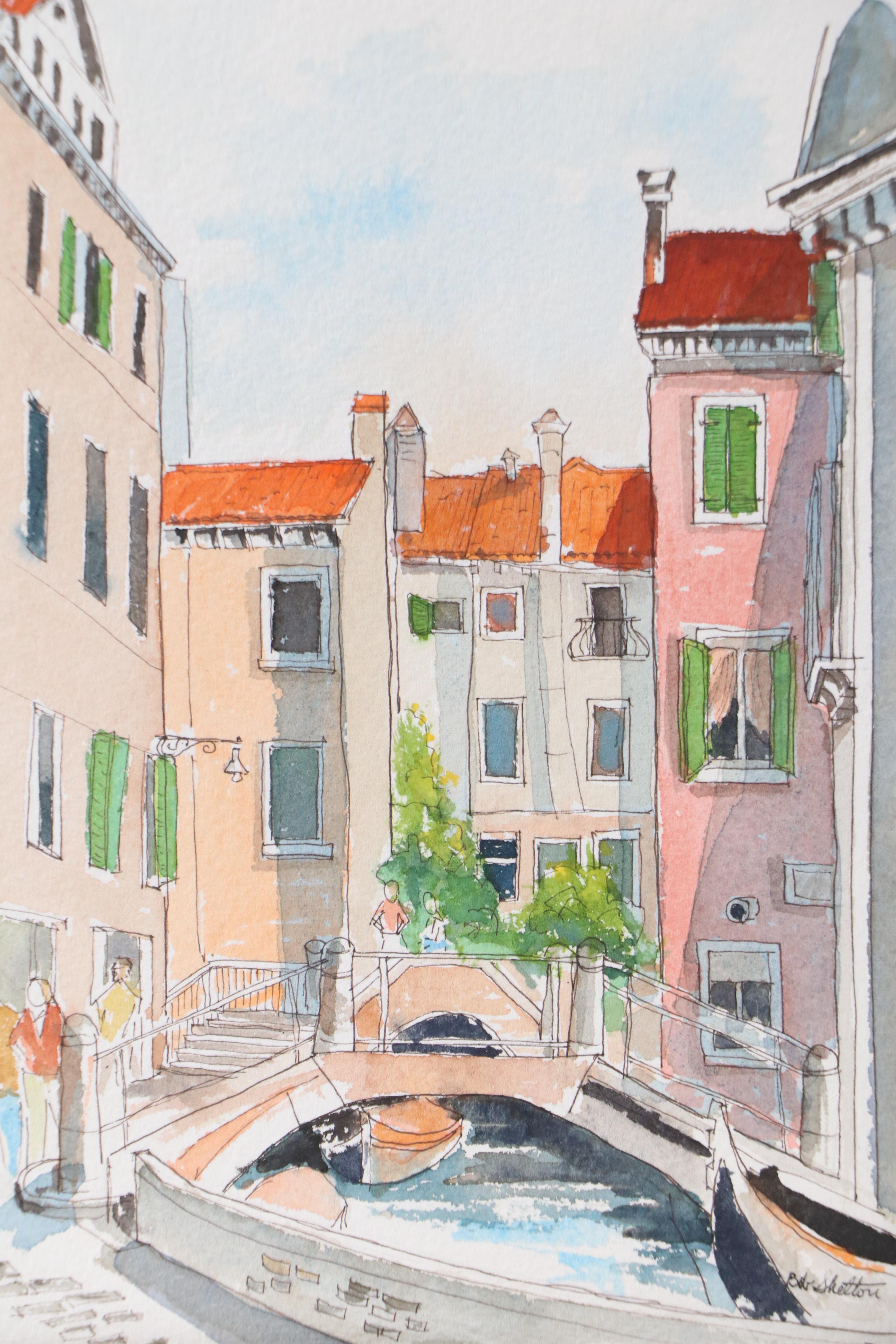 Bob Shelton Watercolor Painting of Small Venetian Bridge, 21st Century
