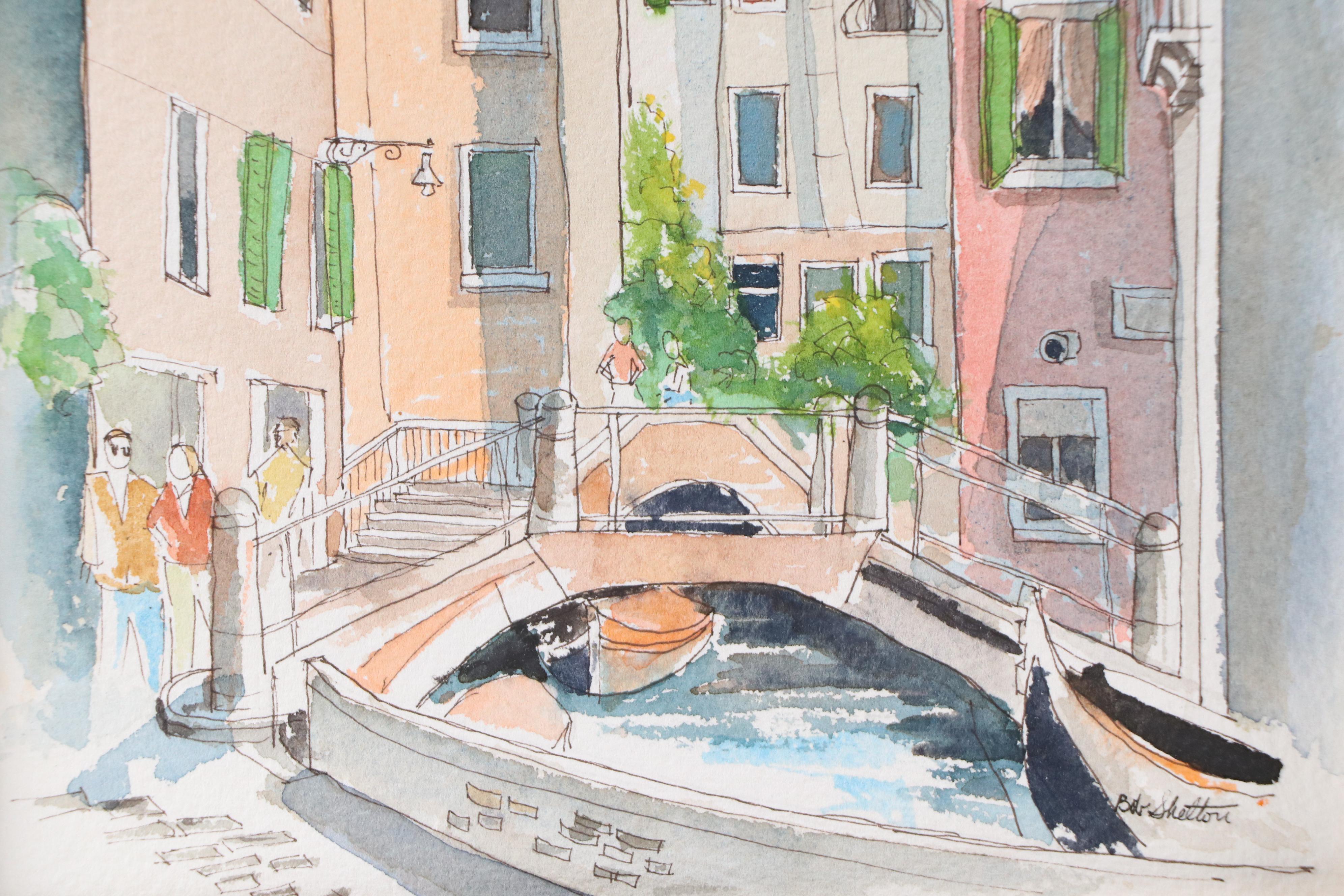 Bob Shelton Watercolor Painting of Small Venetian Bridge, 21st Century
