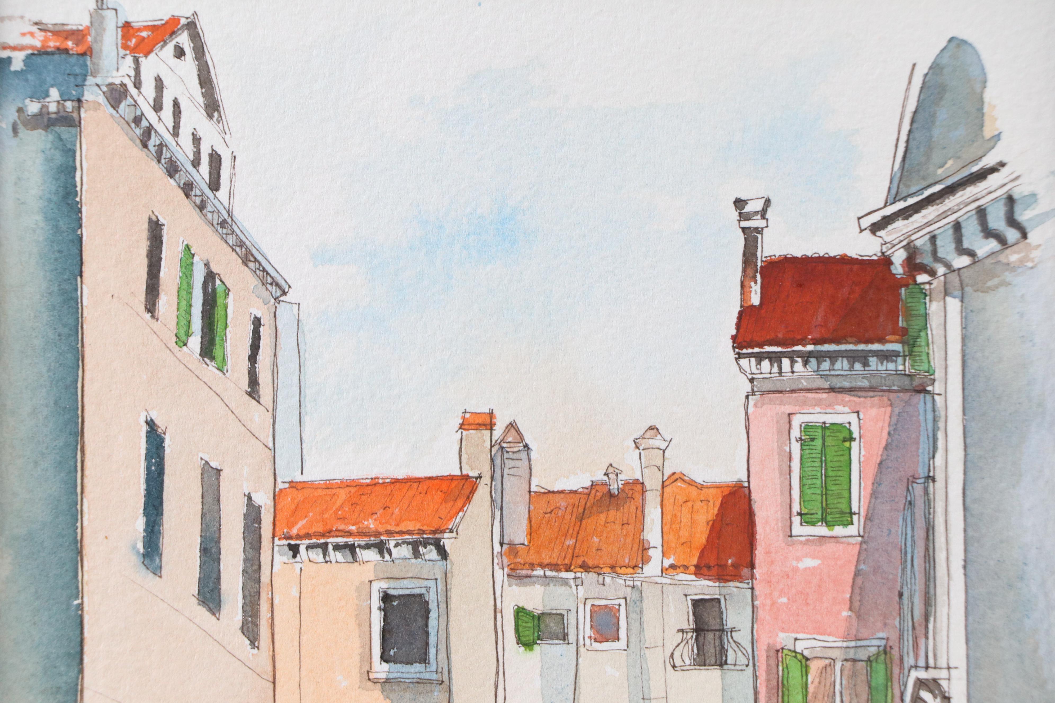 Bob Shelton Watercolor Painting of Small Venetian Bridge, 21st Century