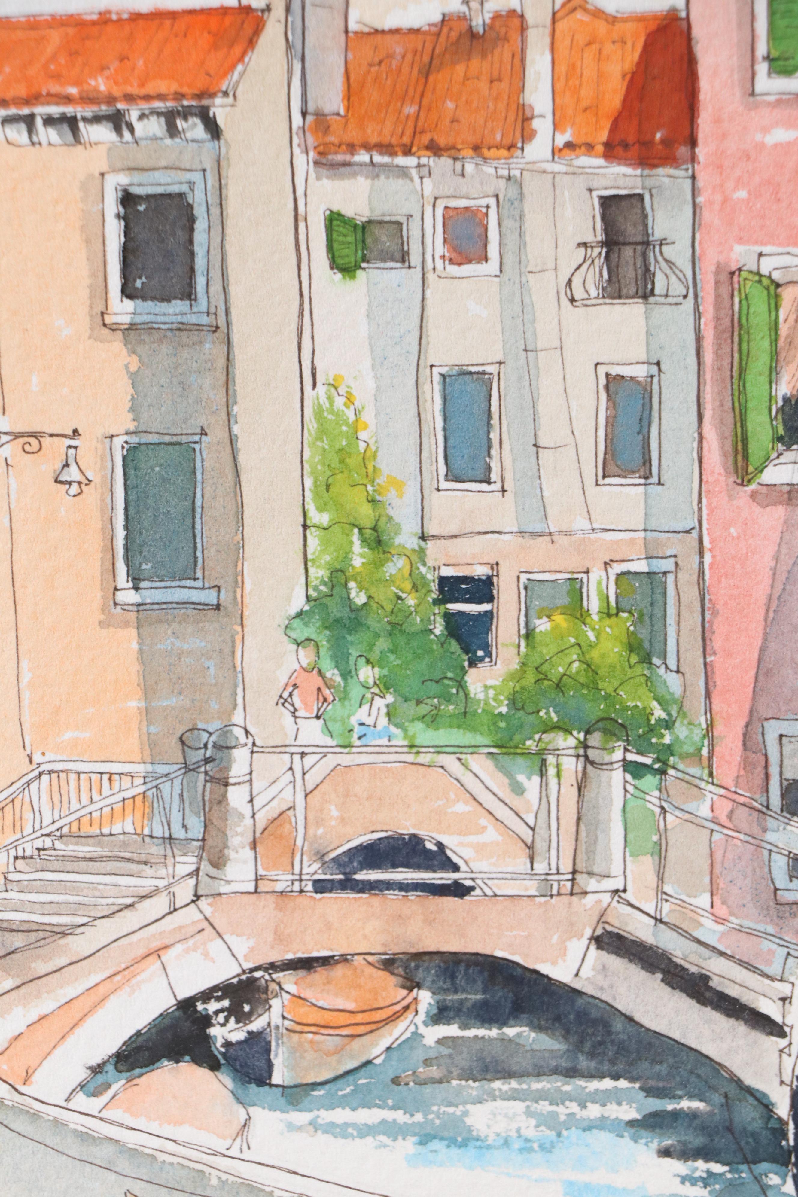 Bob Shelton Watercolor Painting of Small Venetian Bridge, 21st Century