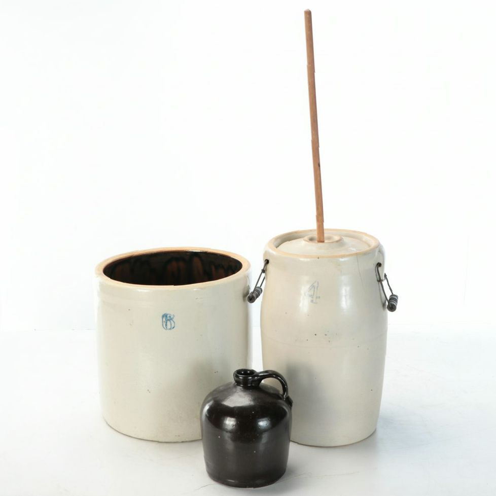 American Salt Glazed Stoneware Crock and Churn with Brown Glazed Jug