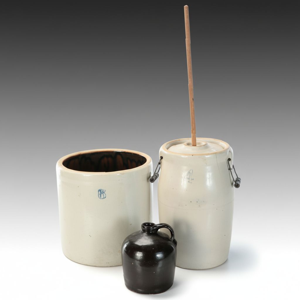 American Salt Glazed Stoneware Crock and Churn with Brown Glazed Jug