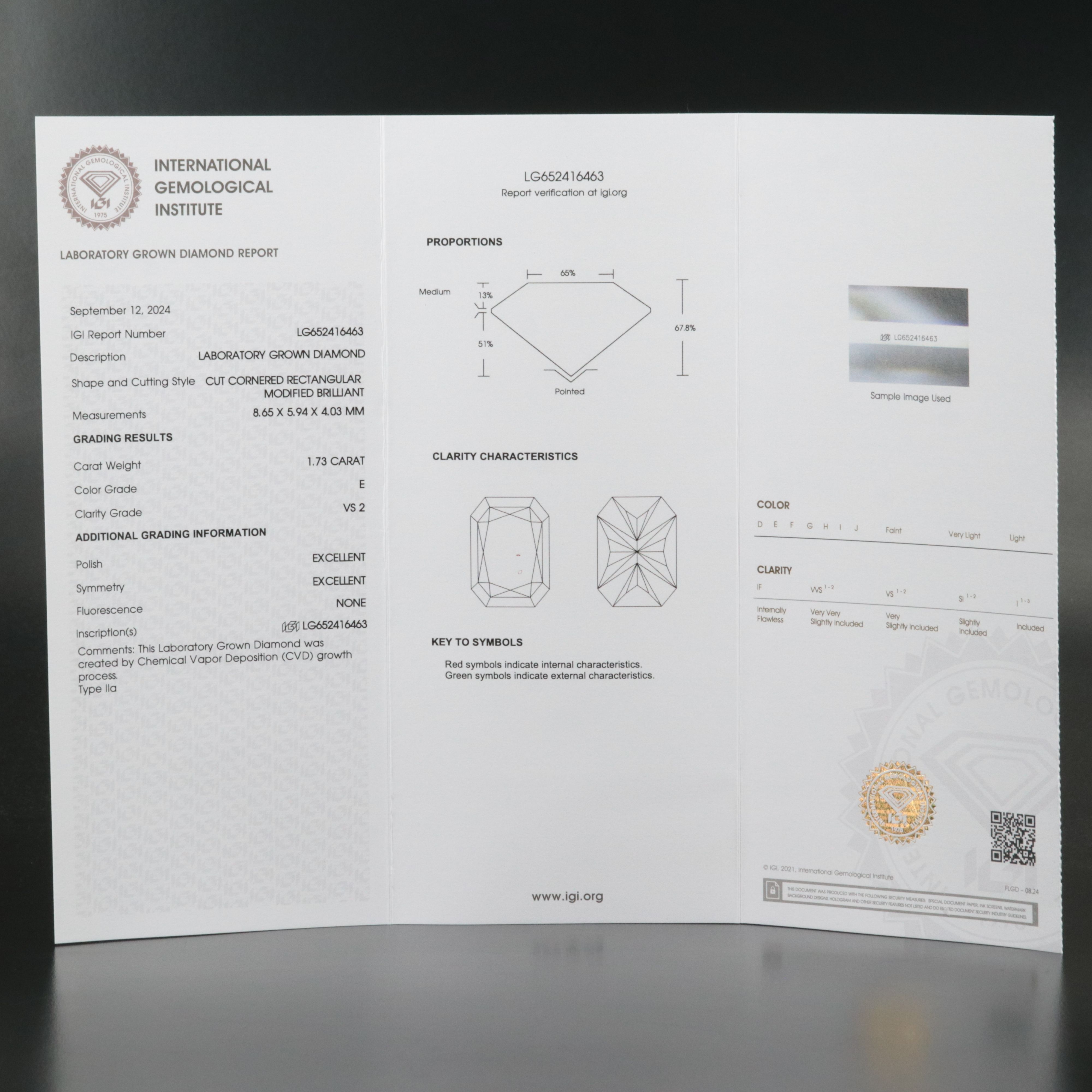 Loose 1.73 CT Lab Grown Diamond with IGI Report