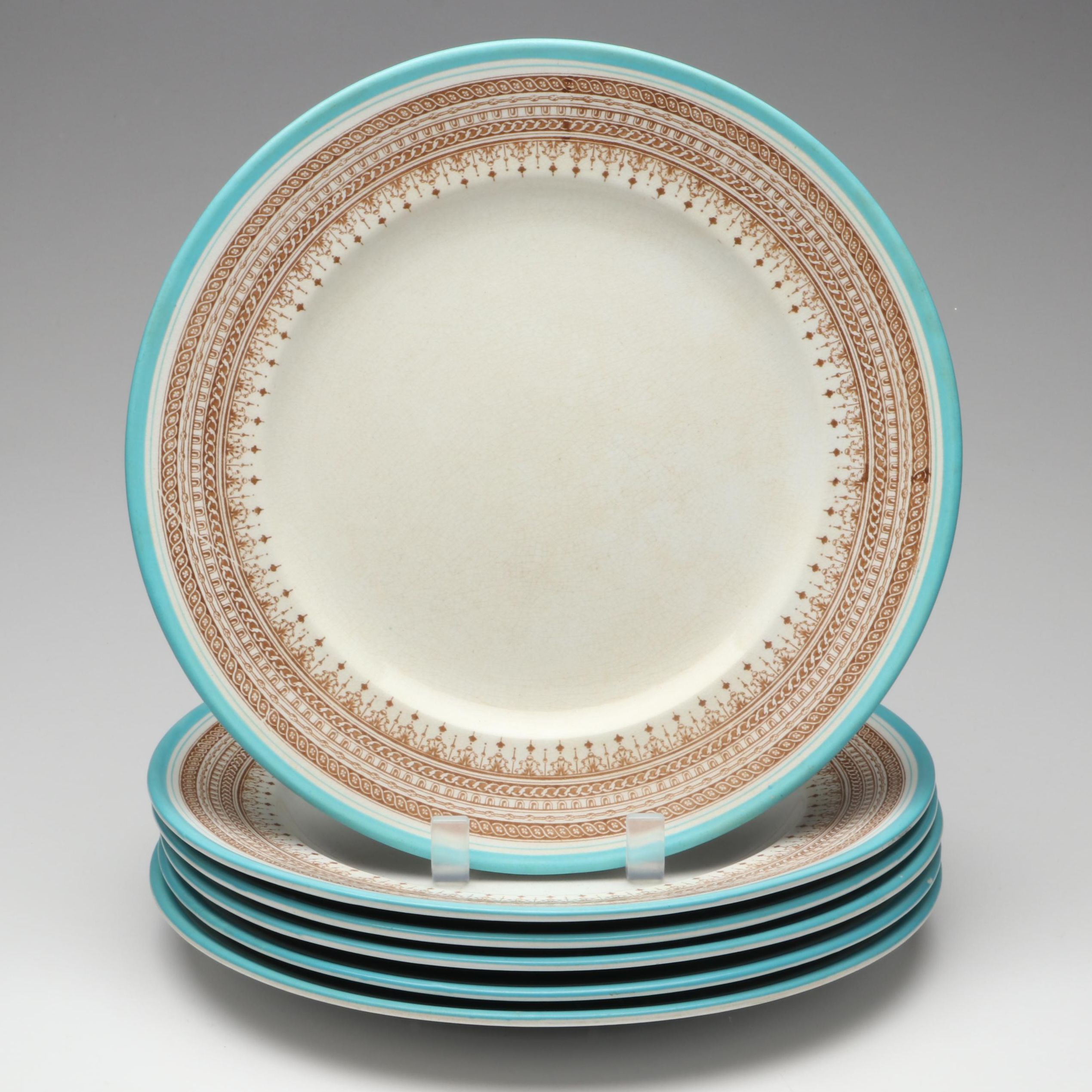 English Porcelain Turquoise Rimmed Dinner Plates, 19th Century